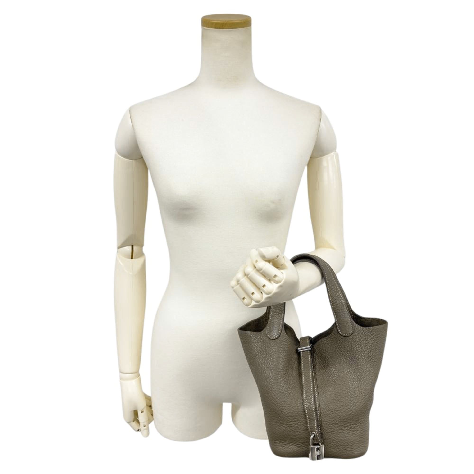Hermes Hermes Picotin Lock PM handbag, Taurillon Clemence leather, □M stamp, Etoupe color, silver hardware, women's. Size ONE SIZE - 12 Thumbnail