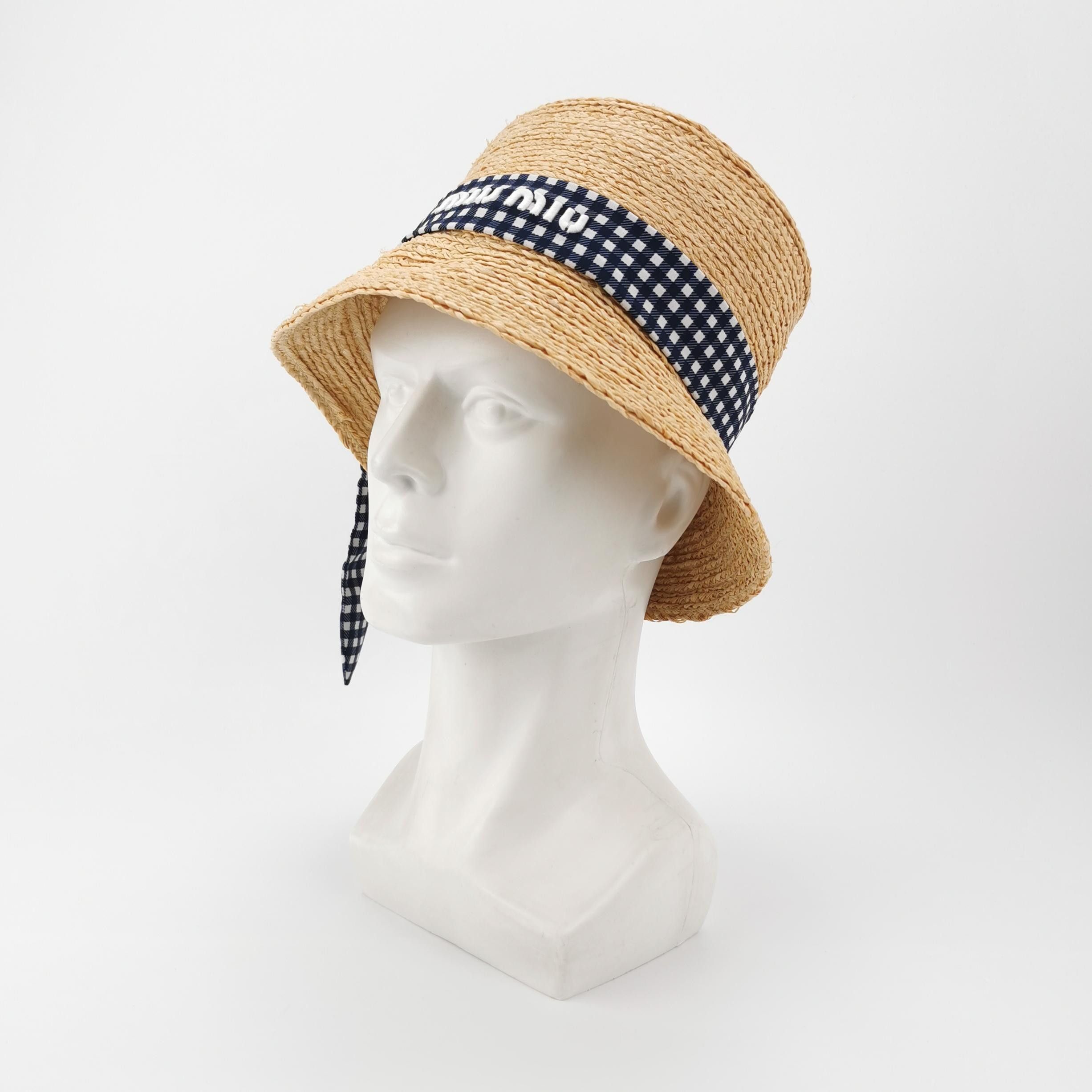 Miu Miu Miu Miu Gingham Ribbon Straw Bucket Hat Size S Size ONE SIZE - 2 Thumbnail