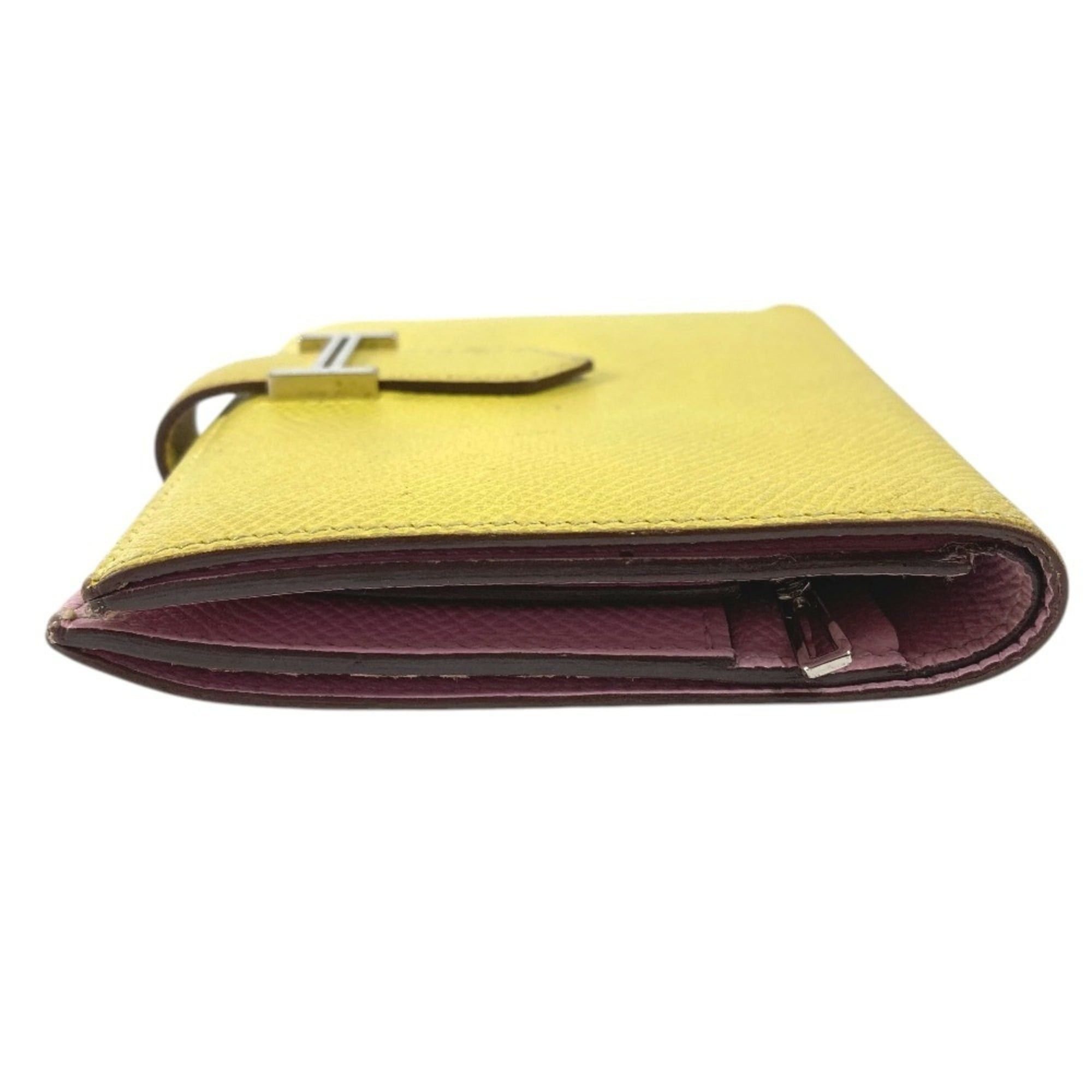 Hermes Hermes Bicolor Bearn Compact Verso H Logo Wallet Bi-fold Epsom Leather Men's Women's Yellow x Pink Size ONE SIZE - 4 Thumbnail