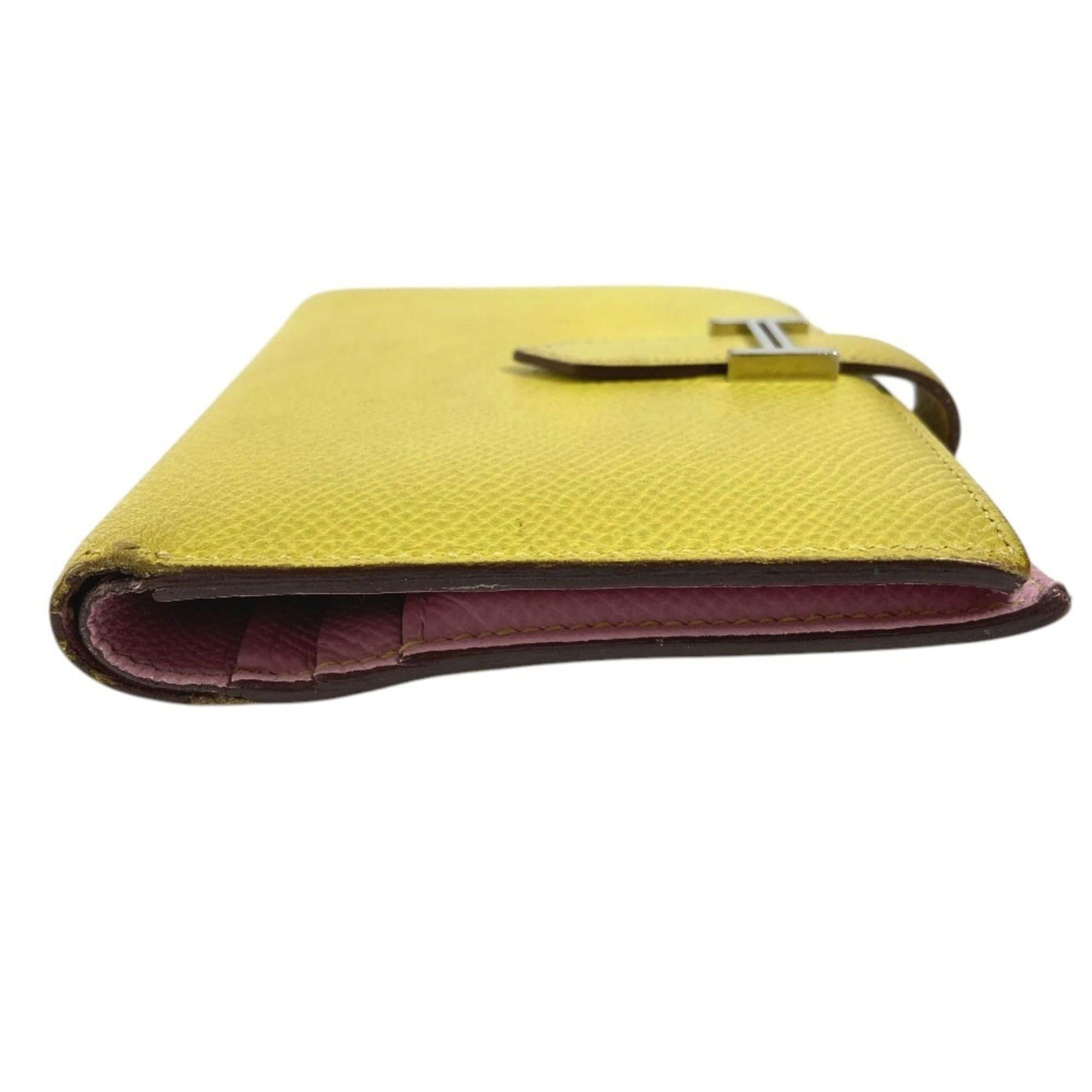 Hermes Hermes Bicolor Bearn Compact Verso H Logo Wallet Bi-fold Epsom Leather Men's Women's Yellow x Pink Size ONE SIZE - 3 Thumbnail