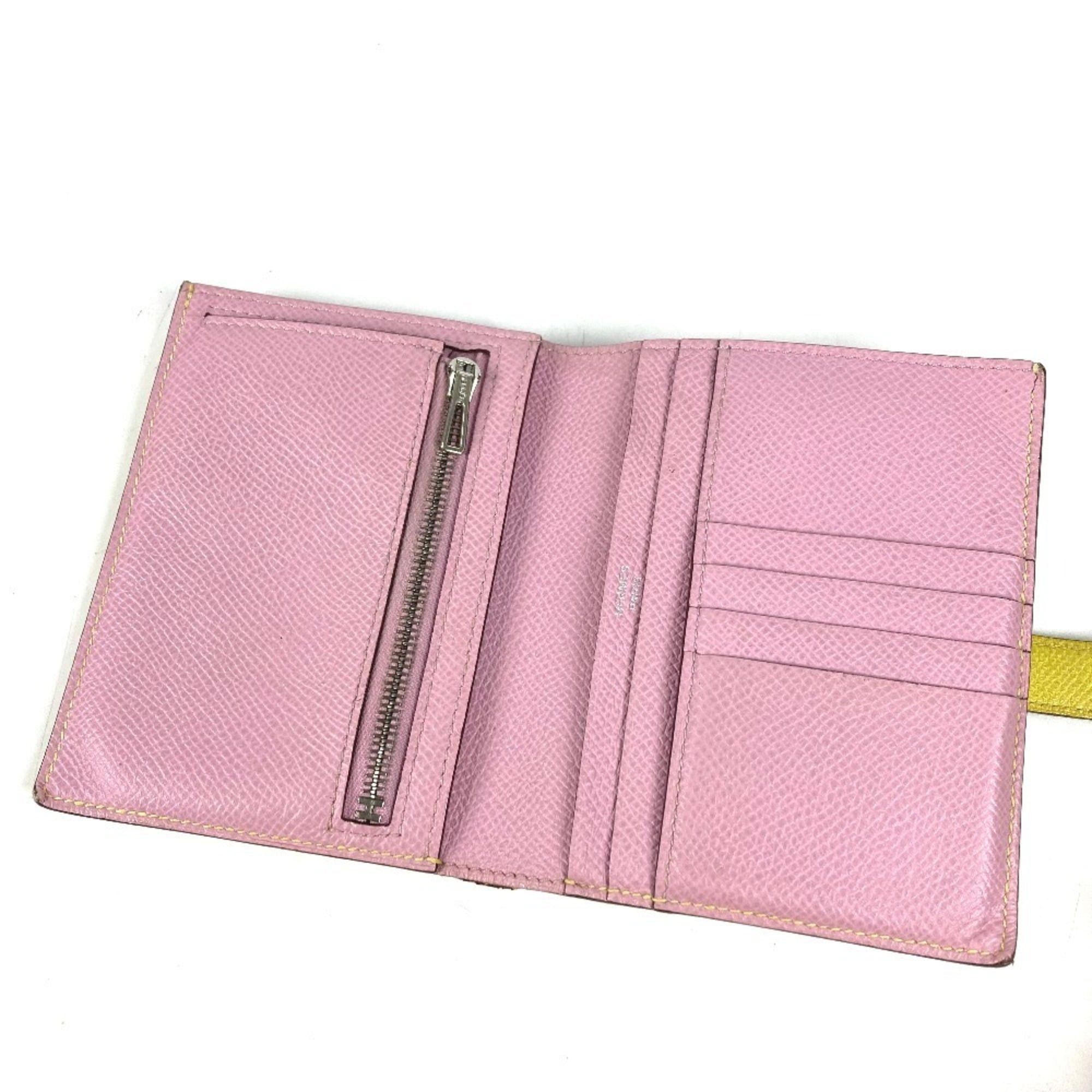 Hermes Hermes Bicolor Bearn Compact Verso H Logo Wallet Bi-fold Epsom Leather Men's Women's Yellow x Pink Size ONE SIZE - 9 Thumbnail