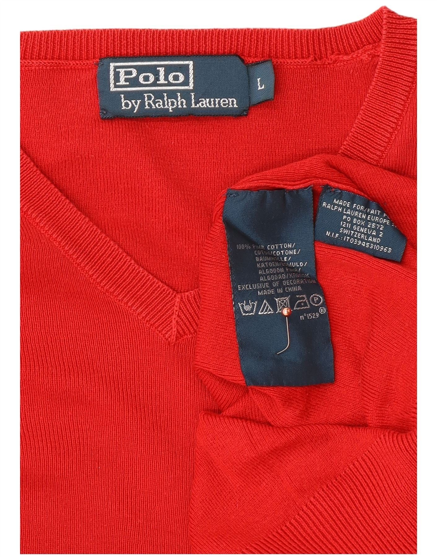 Polo Ralph Lauren Mens V-Neck Jumper Sweater Large Red Cotton Size US XL / EU 56 / 4 - 4 Thumbnail