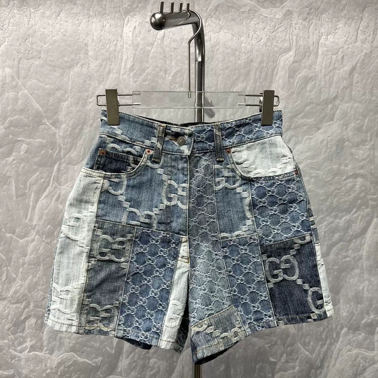 Gucci Gucci Patchwork Double G Leather Denim Shorts Size 23" - 2 Thumbnail