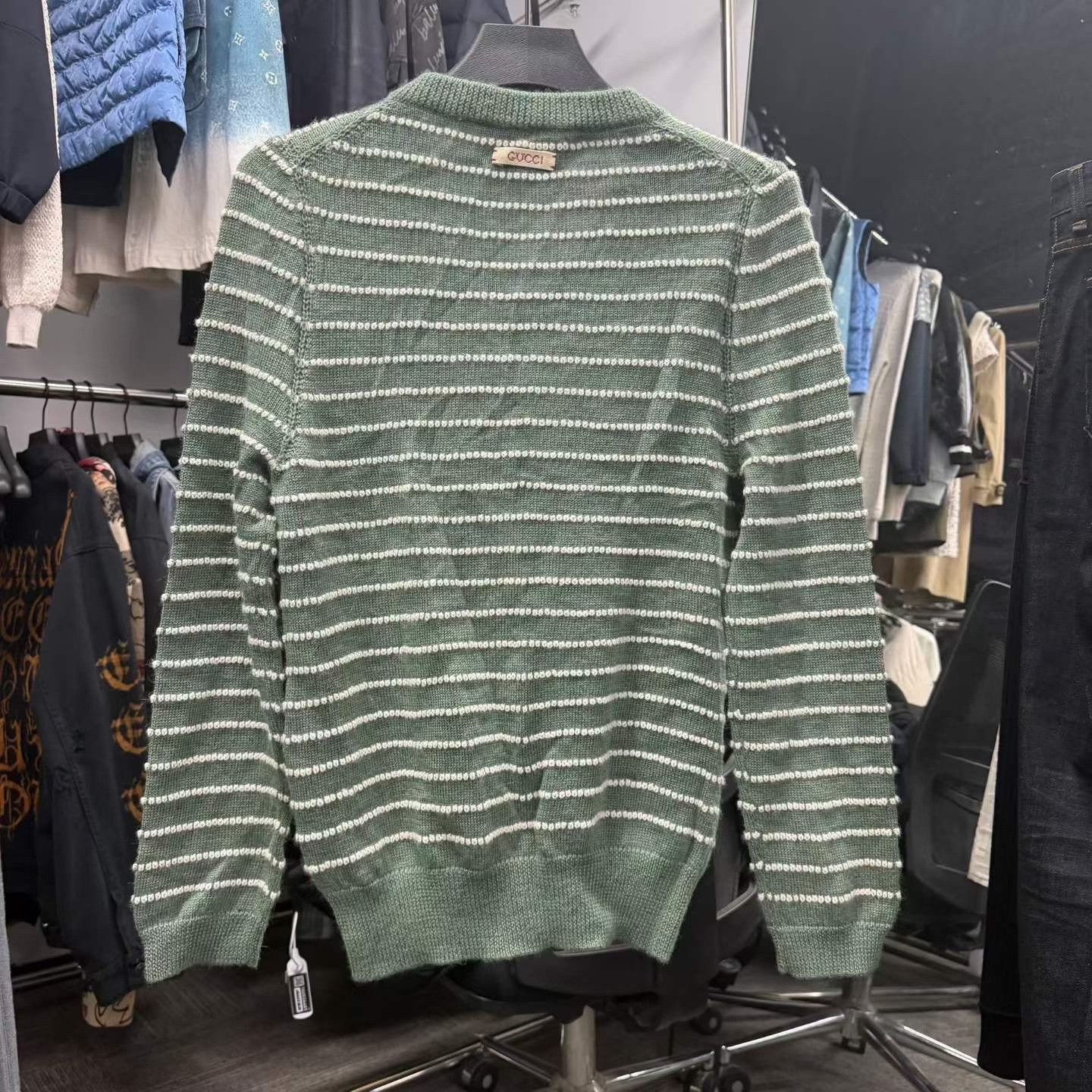Gucci Gucci Green White Striped V-Neck Sweater Size US M / EU 48-50 / 2 - 2 Thumbnail