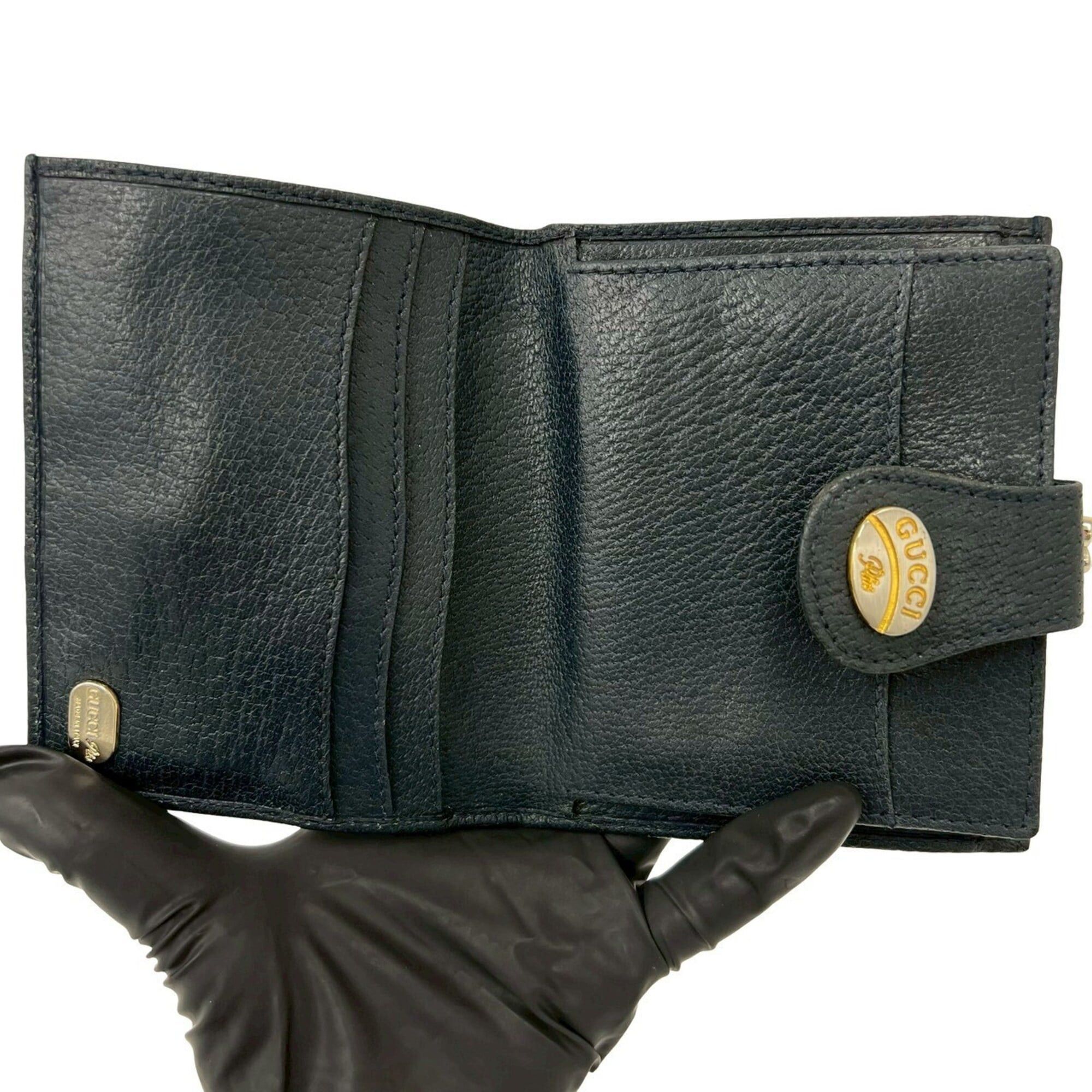 Gucci GUCCI Vintage Gucci Plus Logo Leather Bi-fold Wallet with Clasp Closure, Navy, 329-1 Size ONE SIZE - 7 Thumbnail