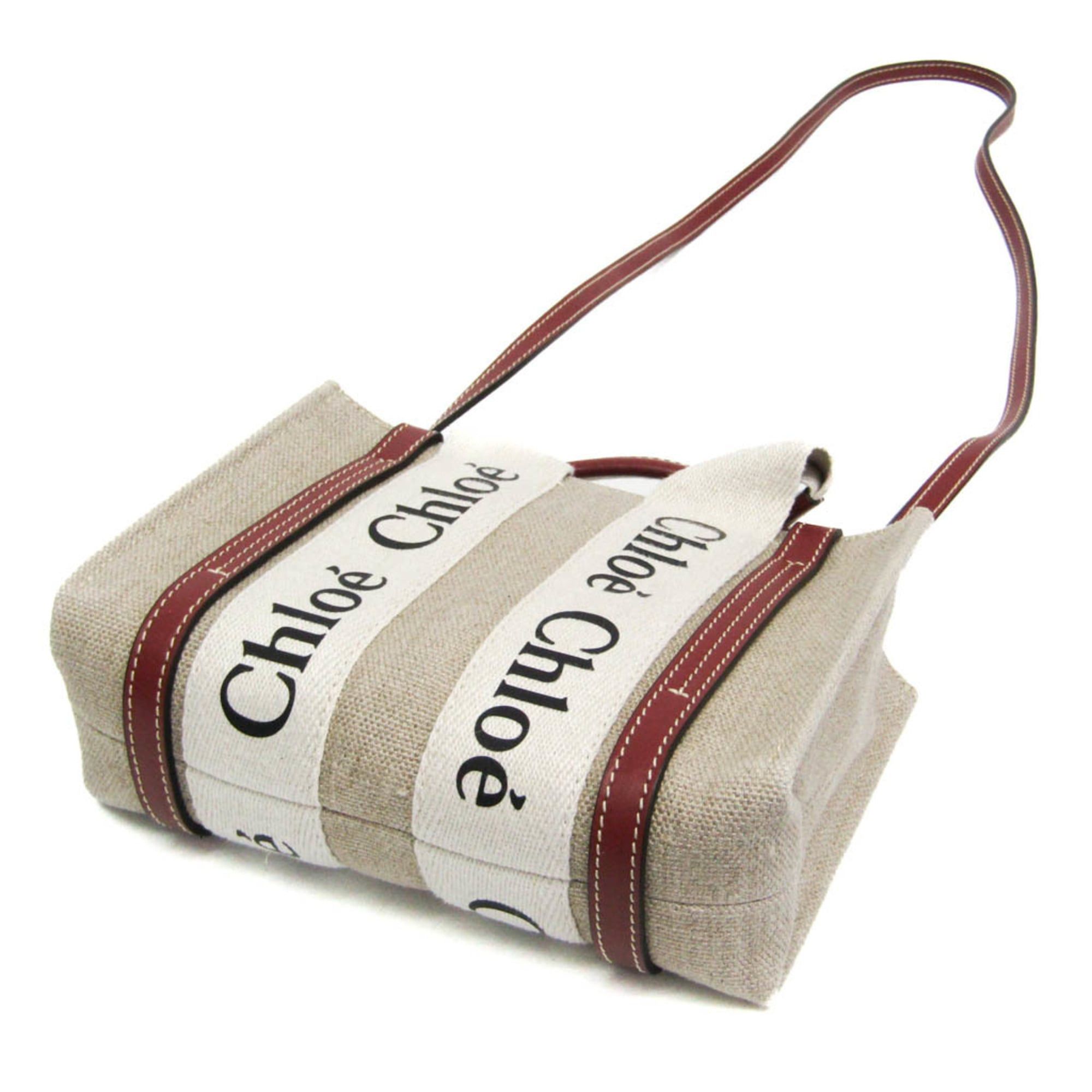 Chloe Chloé Woody Mini CHC22AP237I266J5 Women's Linen,Leather Shoulder Bag Light Beige Size ONE SIZE - 3 Thumbnail