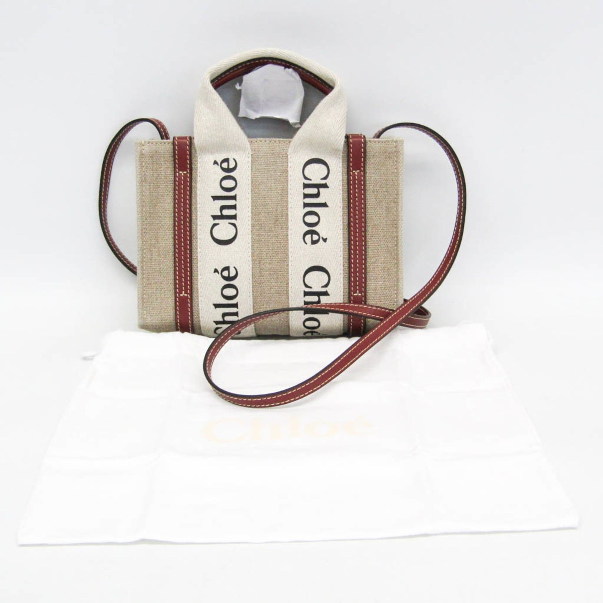 Chloe Chloé Woody Mini CHC22AP237I266J5 Women's Linen,Leather Shoulder Bag Light Beige Size ONE SIZE - 2 Thumbnail