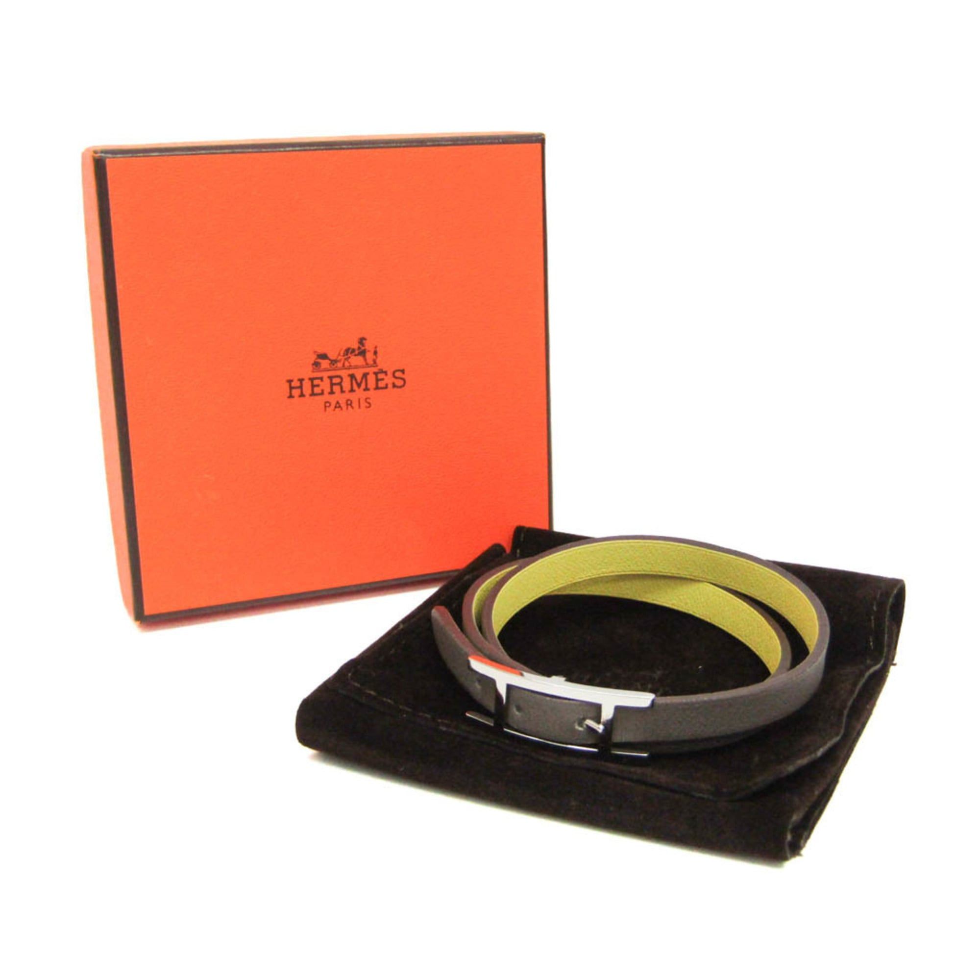 Hermes Hermes Behapi Double Tour Leather,Metal Wrap Bracelet Gray,Yellow Size ONE SIZE - 2 Thumbnail