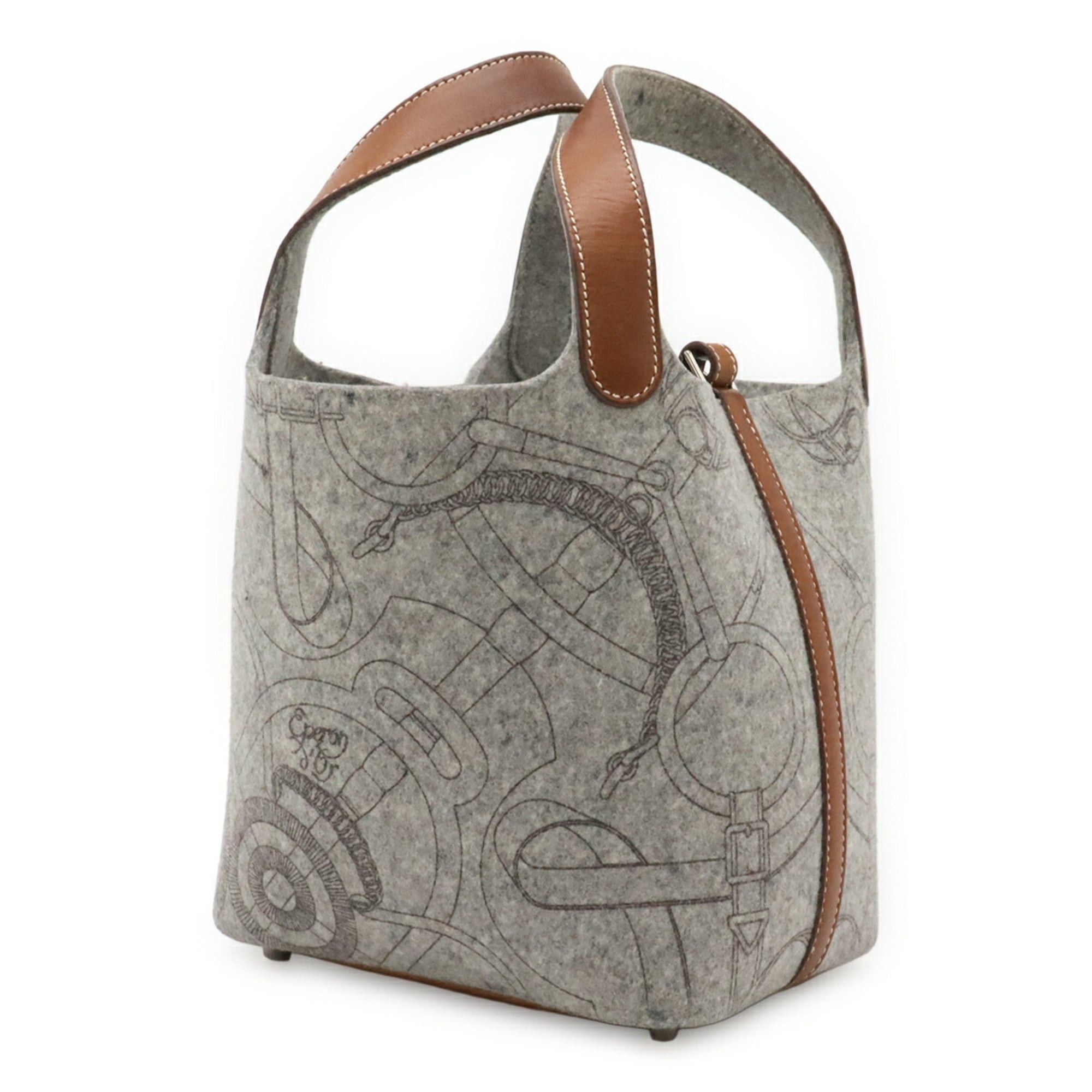 Hermes HERMES Picotin PM handbag/tote bag, felt, Veau Swift leather, gray/brown. Size ONE SIZE - 3 Thumbnail
