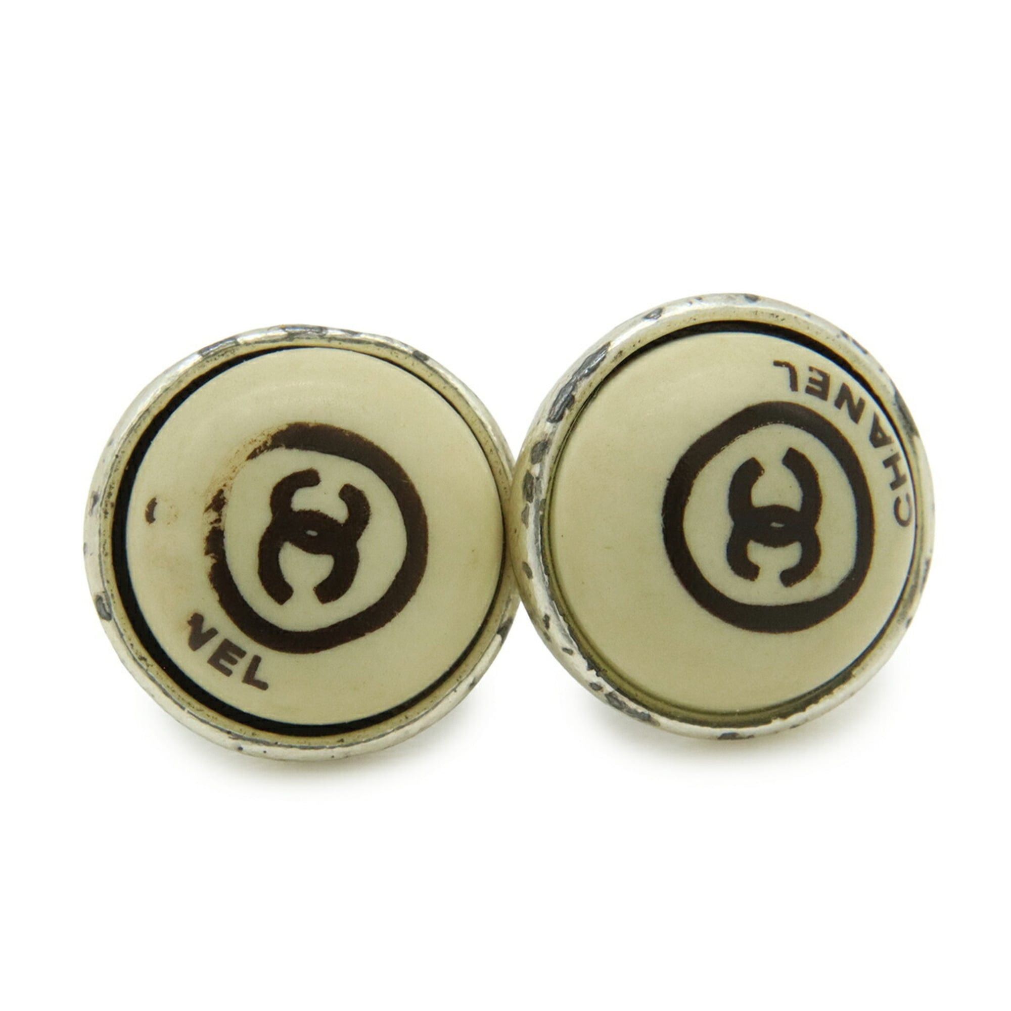 Chanel CHANEL Coco Mark Earrings, Round, Hand-Painted Style, Plastic & Metal, Beige Silver, 00T Size ONE SIZE - 5 Thumbnail