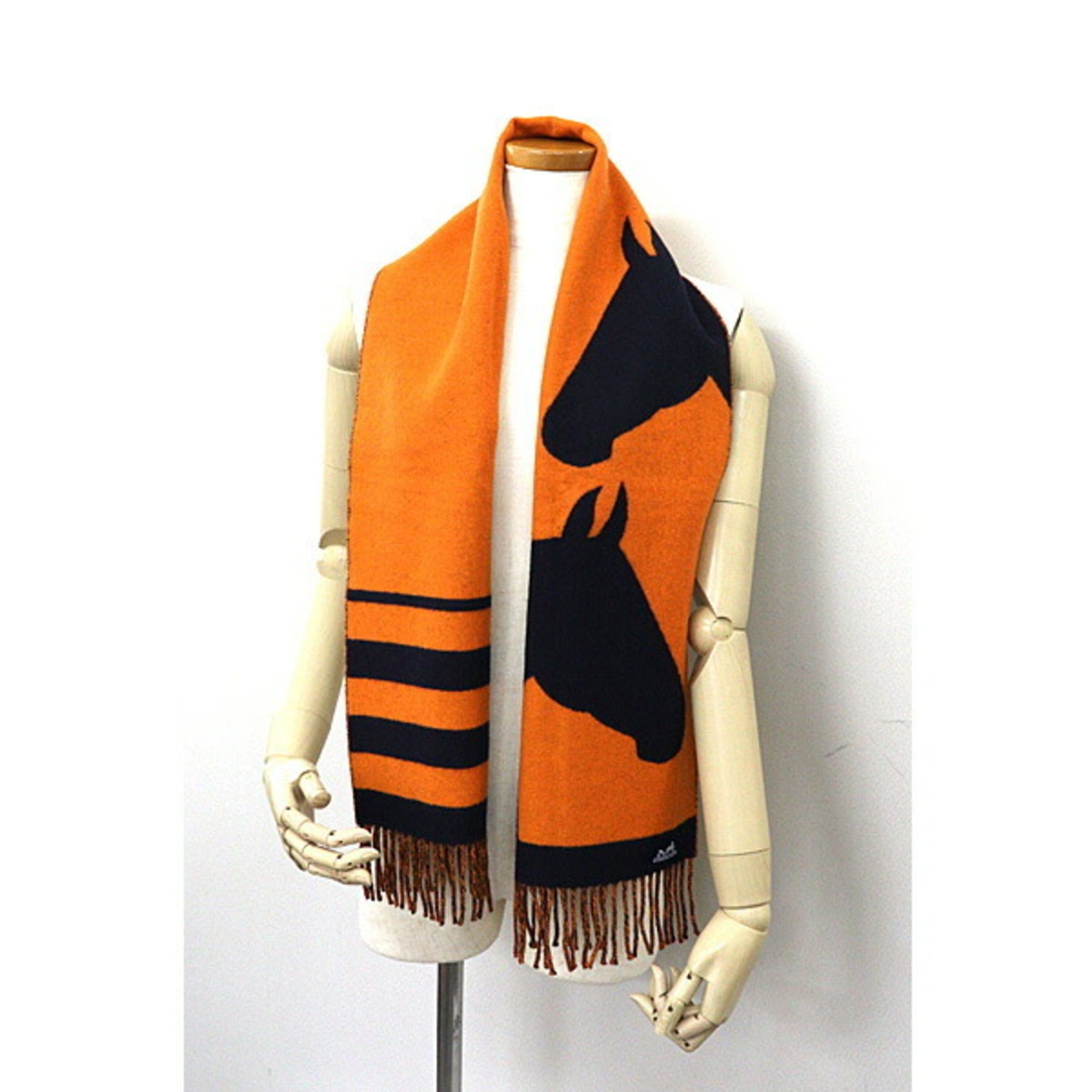 Hermes HERMES scarf, Love Story design, orange and navy, cashmere, horse pattern, jacquard weave, unused. Size ONE SIZE - 3 Thumbnail
