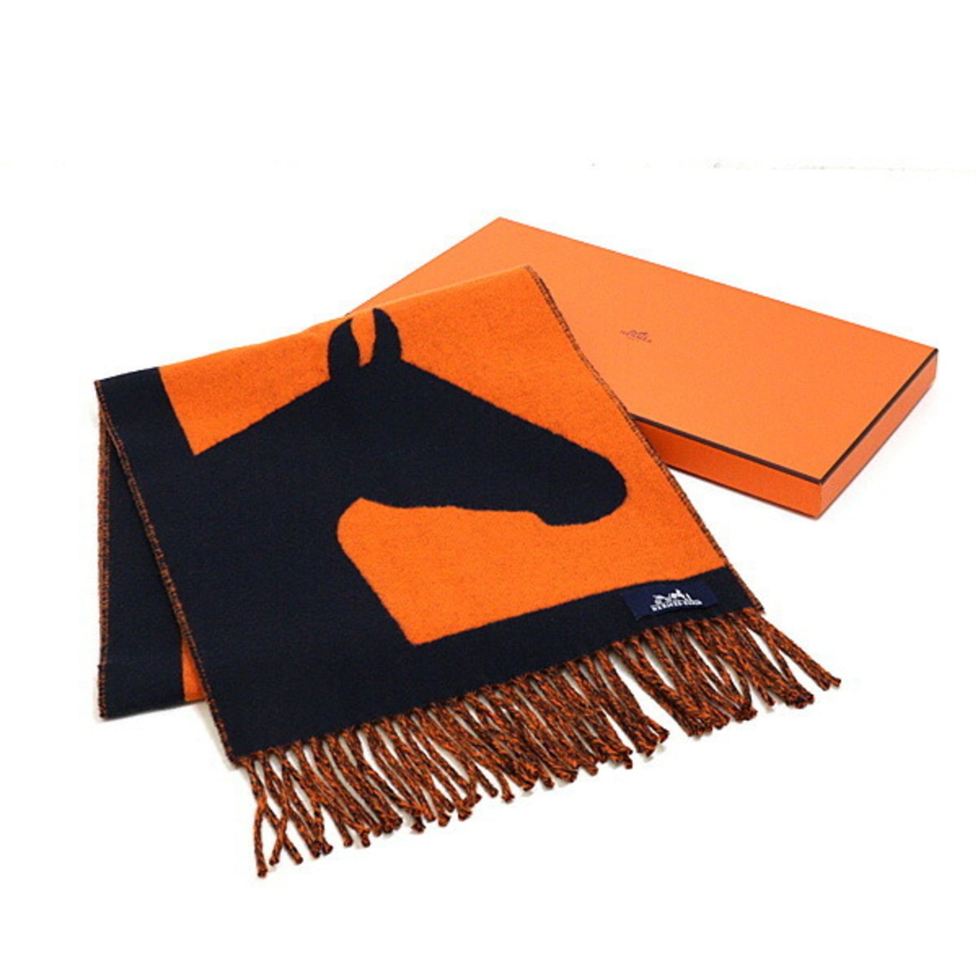 Hermes HERMES scarf, Love Story design, orange and navy, cashmere, horse pattern, jacquard weave, unused. Size ONE SIZE - 2 Thumbnail