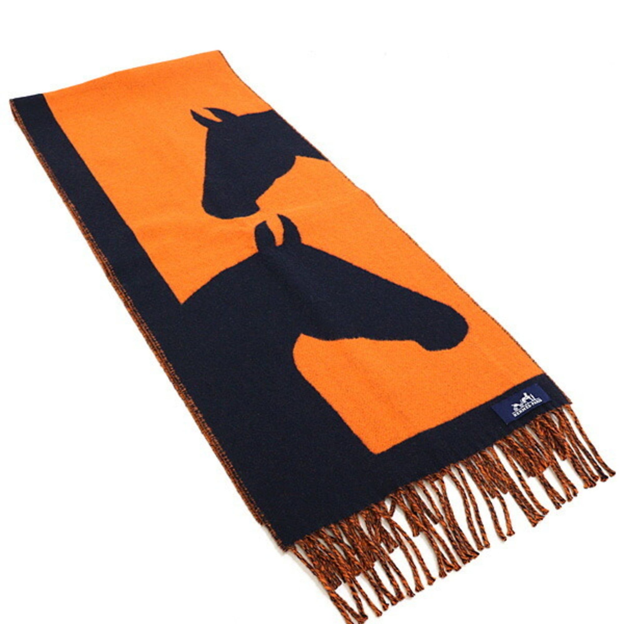 Hermes HERMES scarf, Love Story design, orange and navy, cashmere, horse pattern, jacquard weave, unused. Size ONE SIZE - 6 Thumbnail
