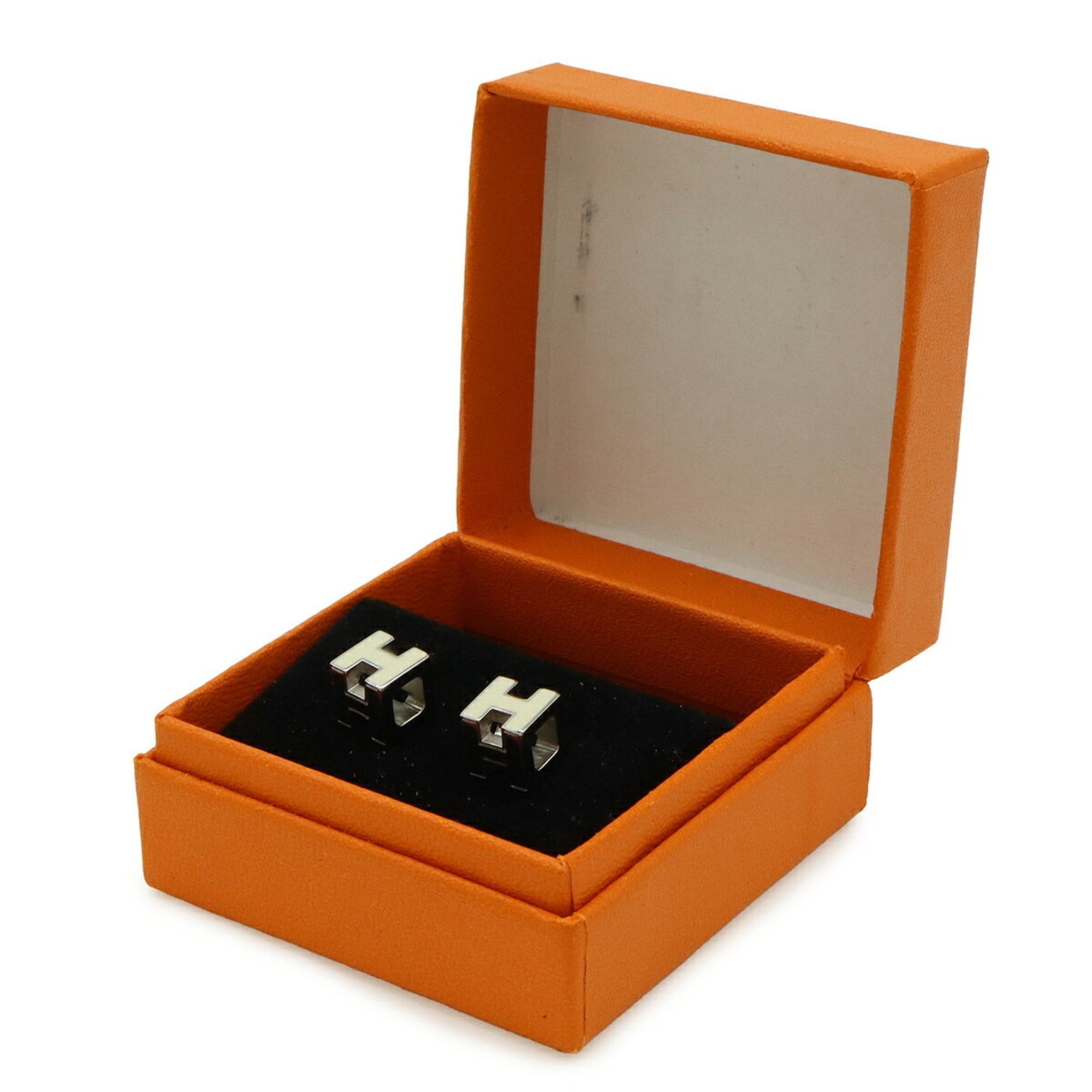 Hermes HERMES Cage d'H H-Cube Stud Earrings, Metal Enamel, Silver, Ivory Size ONE SIZE - 7 Thumbnail