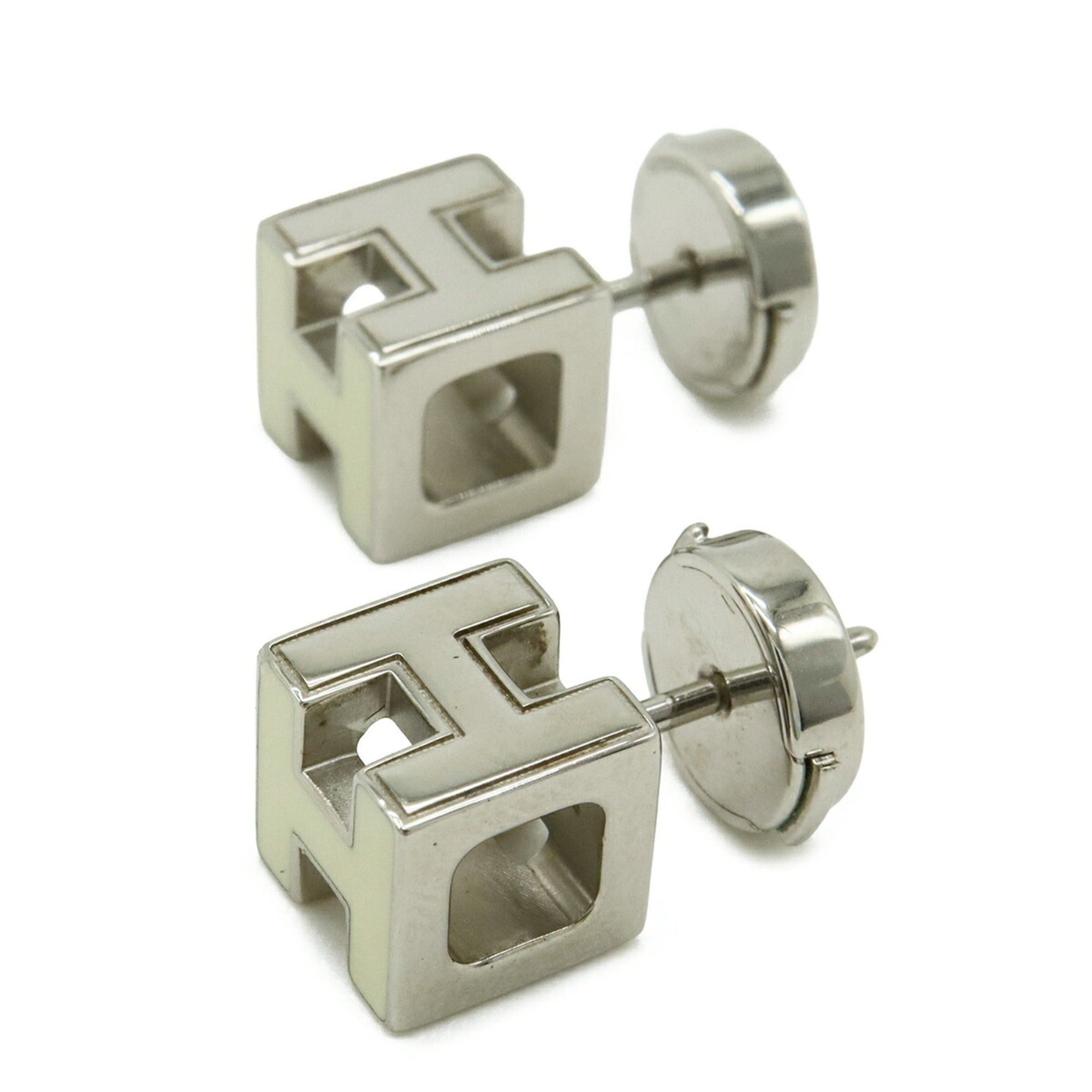 Hermes HERMES Cage d'H H-Cube Stud Earrings, Metal Enamel, Silver, Ivory Size ONE SIZE - 3 Thumbnail