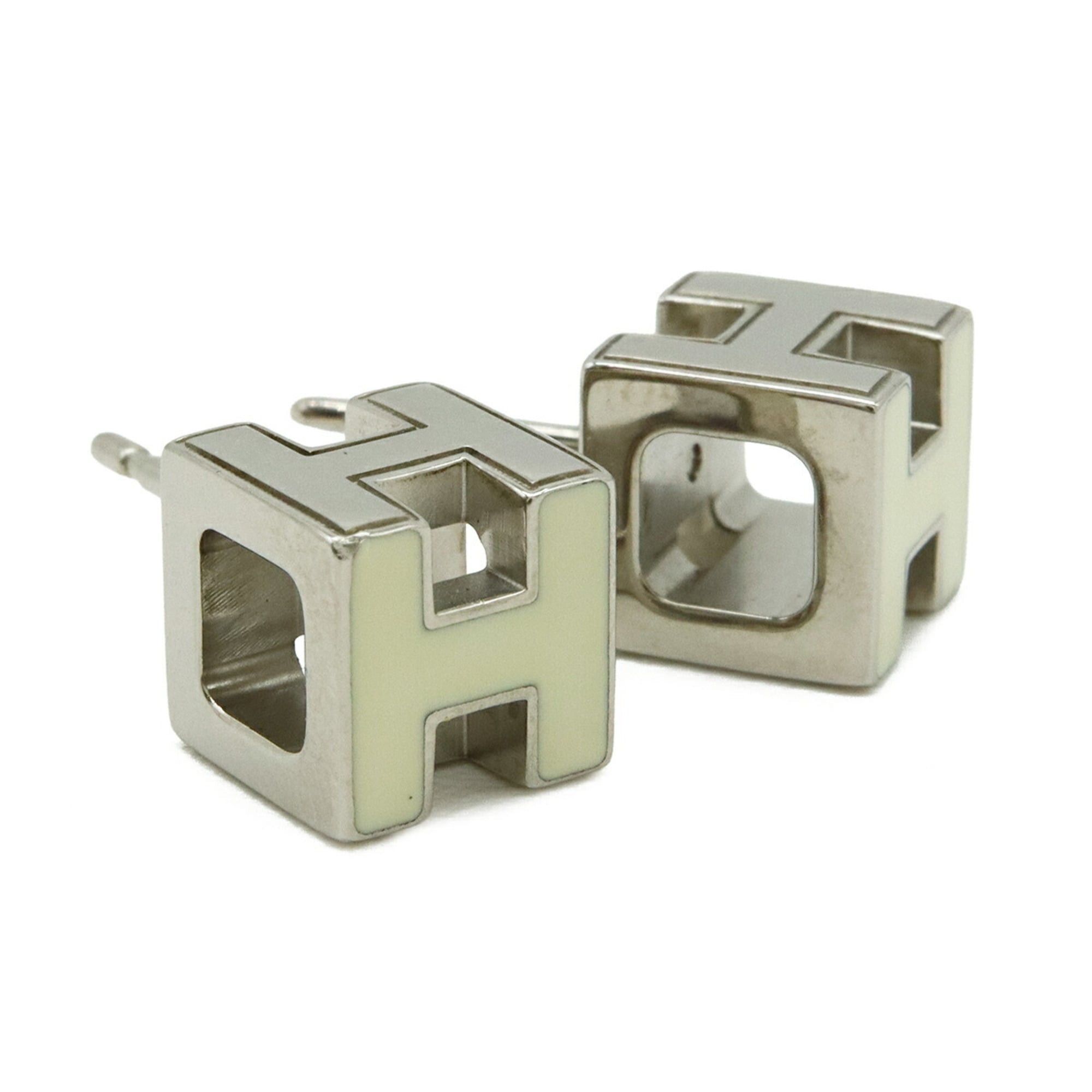 Hermes HERMES Cage d'H H-Cube Stud Earrings, Metal Enamel, Silver, Ivory Size ONE SIZE - 5 Thumbnail