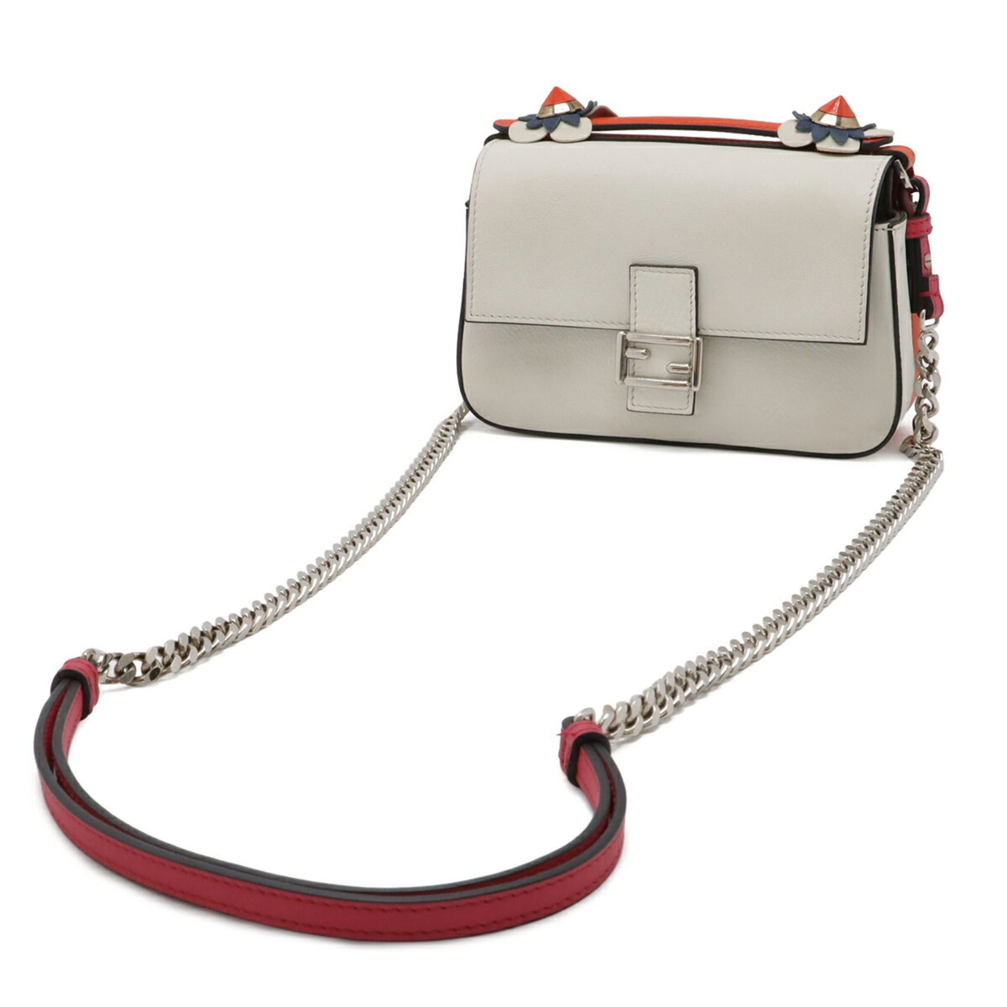Fendi FENDI Double Micro Bucket Handbag Chain Shoulder Bag Flower Leather White Pink 8M0371 Size ONE SIZE - 3 Thumbnail