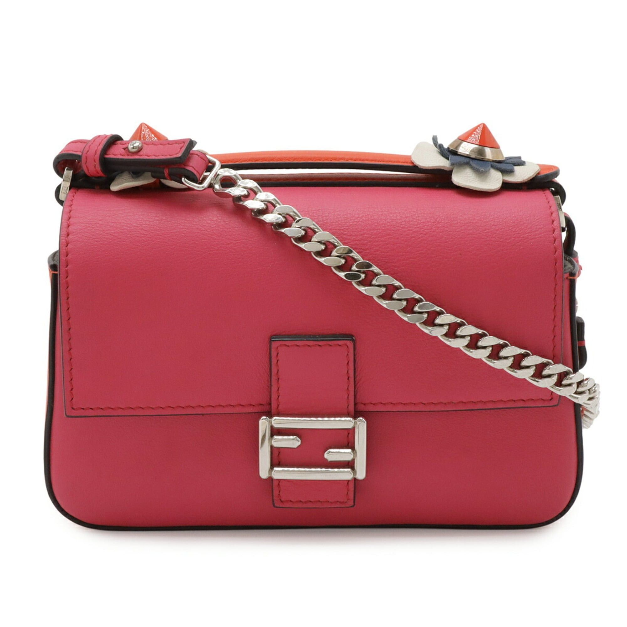 Fendi FENDI Double Micro Bucket Handbag Chain Shoulder Bag Flower Leather White Pink 8M0371 Size ONE SIZE - 2 Thumbnail