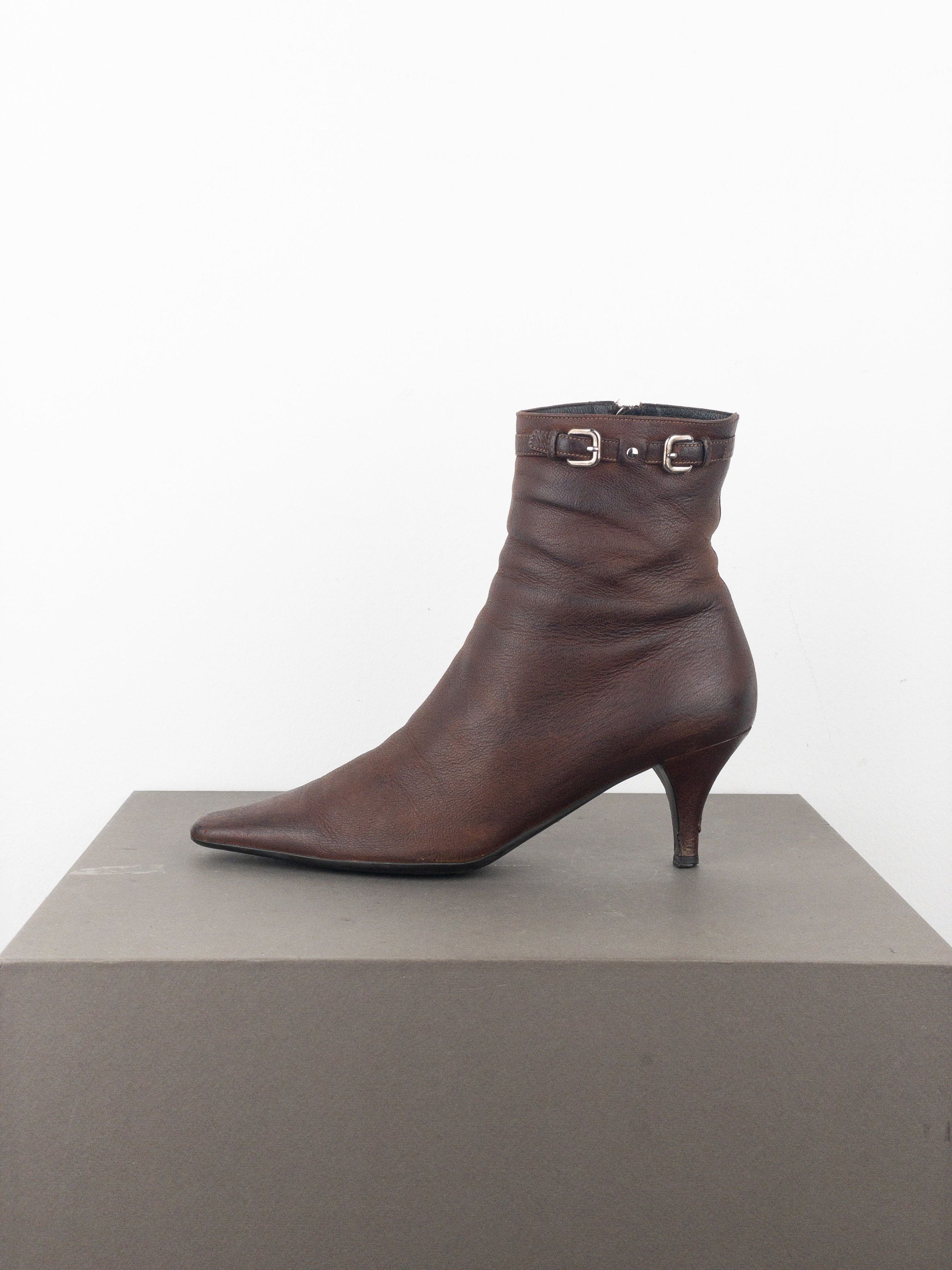 Prada 2000s Square Toe Buckle Kitten Heel Ankle Boots Size US 8 / IT 38 - 3 Thumbnail
