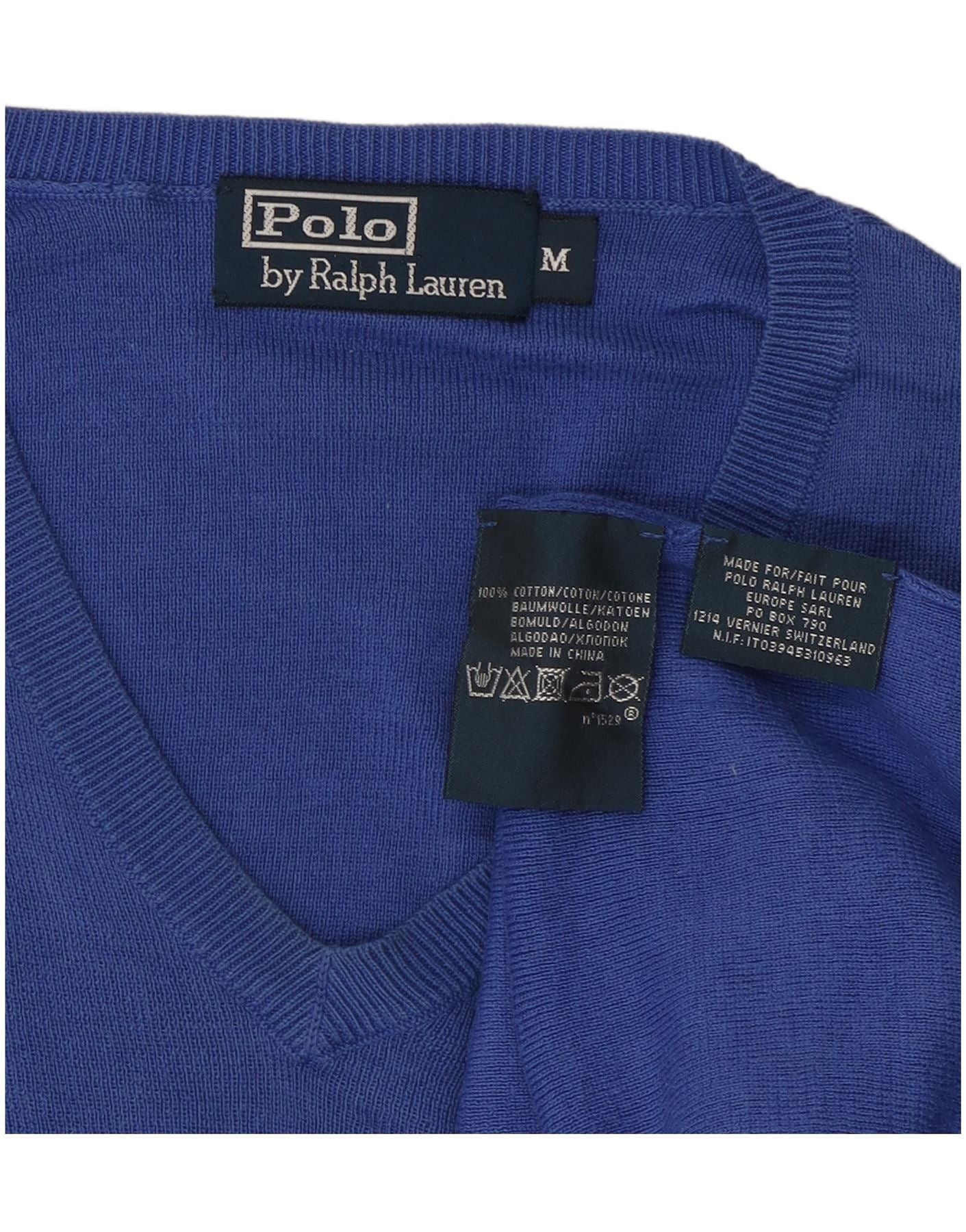 Polo Ralph Lauren Mens V-Neck Jumper Sweater Medium Blue Cotton Size US L / EU 52-54 / 3 - 3 Thumbnail