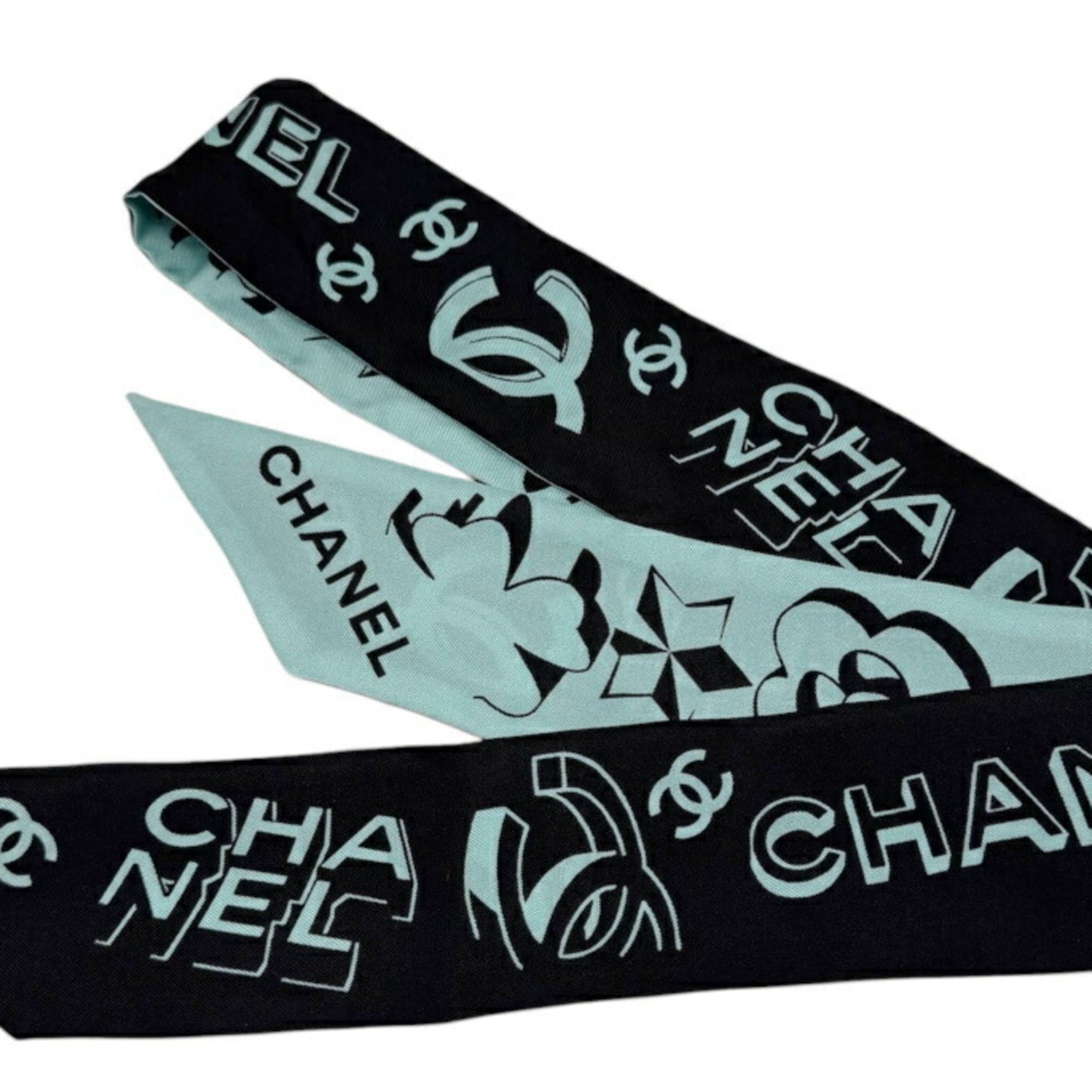 Chanel CHANEL Bandeau Ribbon Silk Green Black Women's Scarf/Muffler Coco Mark Camellia Hairband Size ONE SIZE - 2 Thumbnail