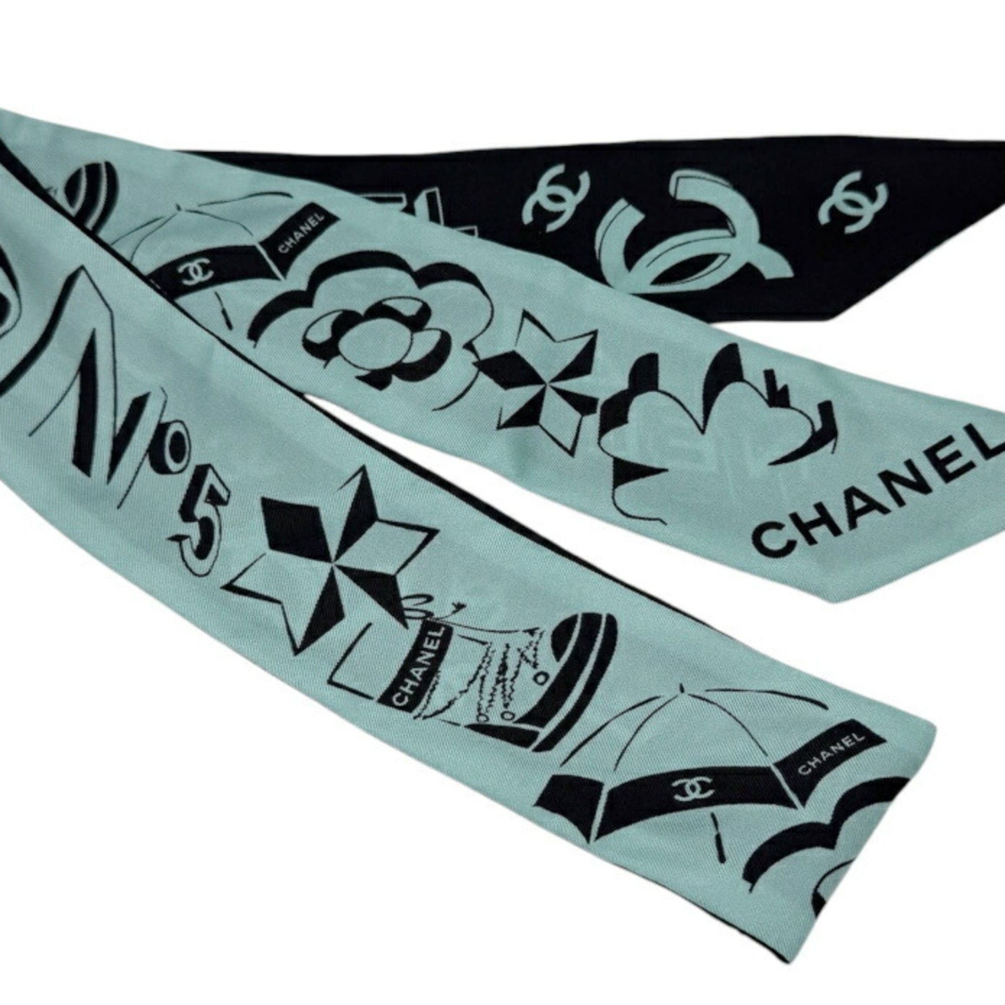 Chanel CHANEL Bandeau Ribbon Silk Green Black Women's Scarf/Muffler Coco Mark Camellia Hairband Size ONE SIZE - 3 Thumbnail