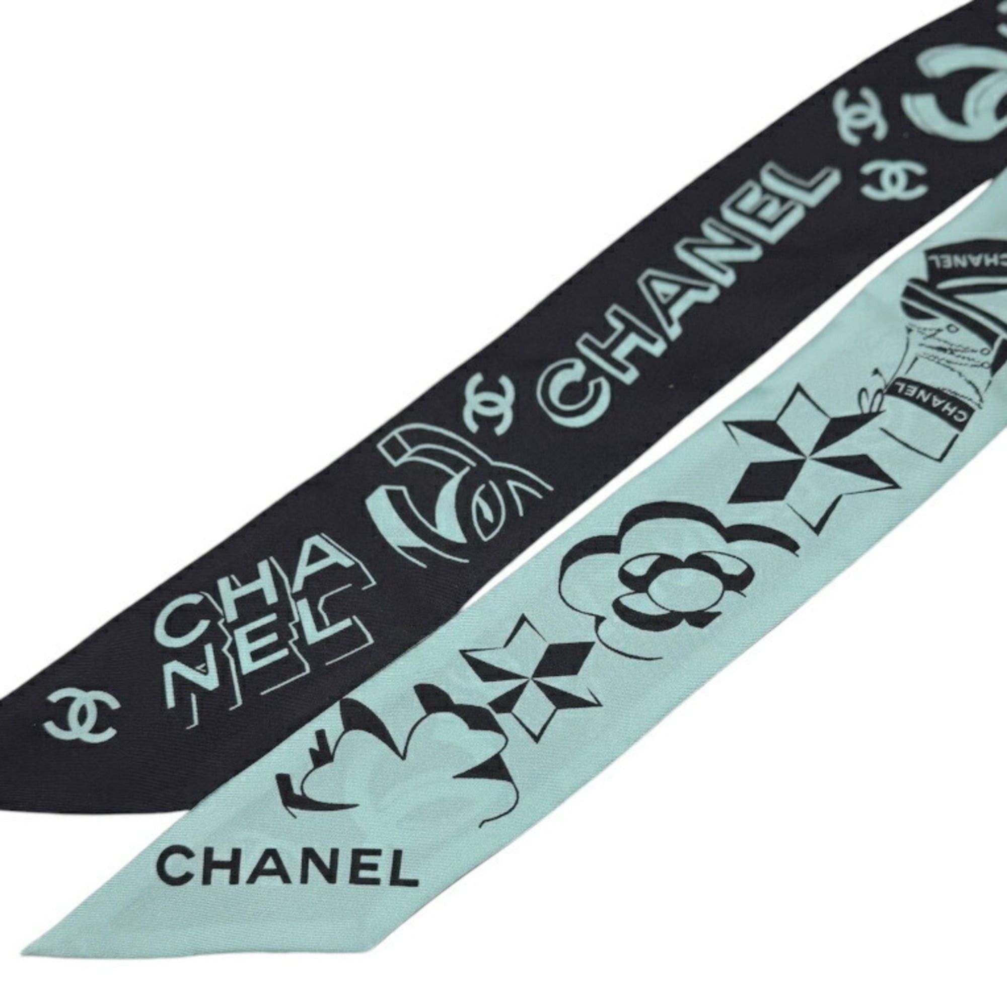Chanel CHANEL Bandeau Ribbon Silk Green Black Women's Scarf/Muffler Coco Mark Camellia Hairband Size ONE SIZE - 4 Thumbnail