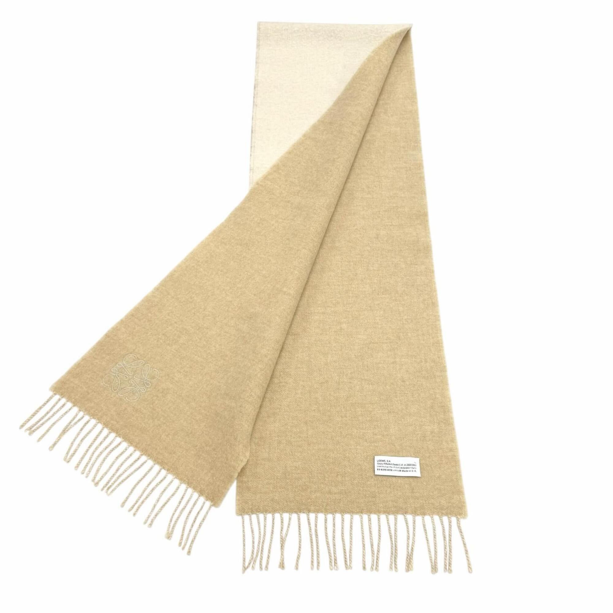 Loewe LOEWE F810250X01 Bicolor Scarf/Muffler, Wool/Cashmere Blend, Ivory/Sand, Current Model, Anagram Embroidery, Fringe Stole/Muffler, Made in England, Authentic, Women's Size ONE SIZE - 2 Thumbnail