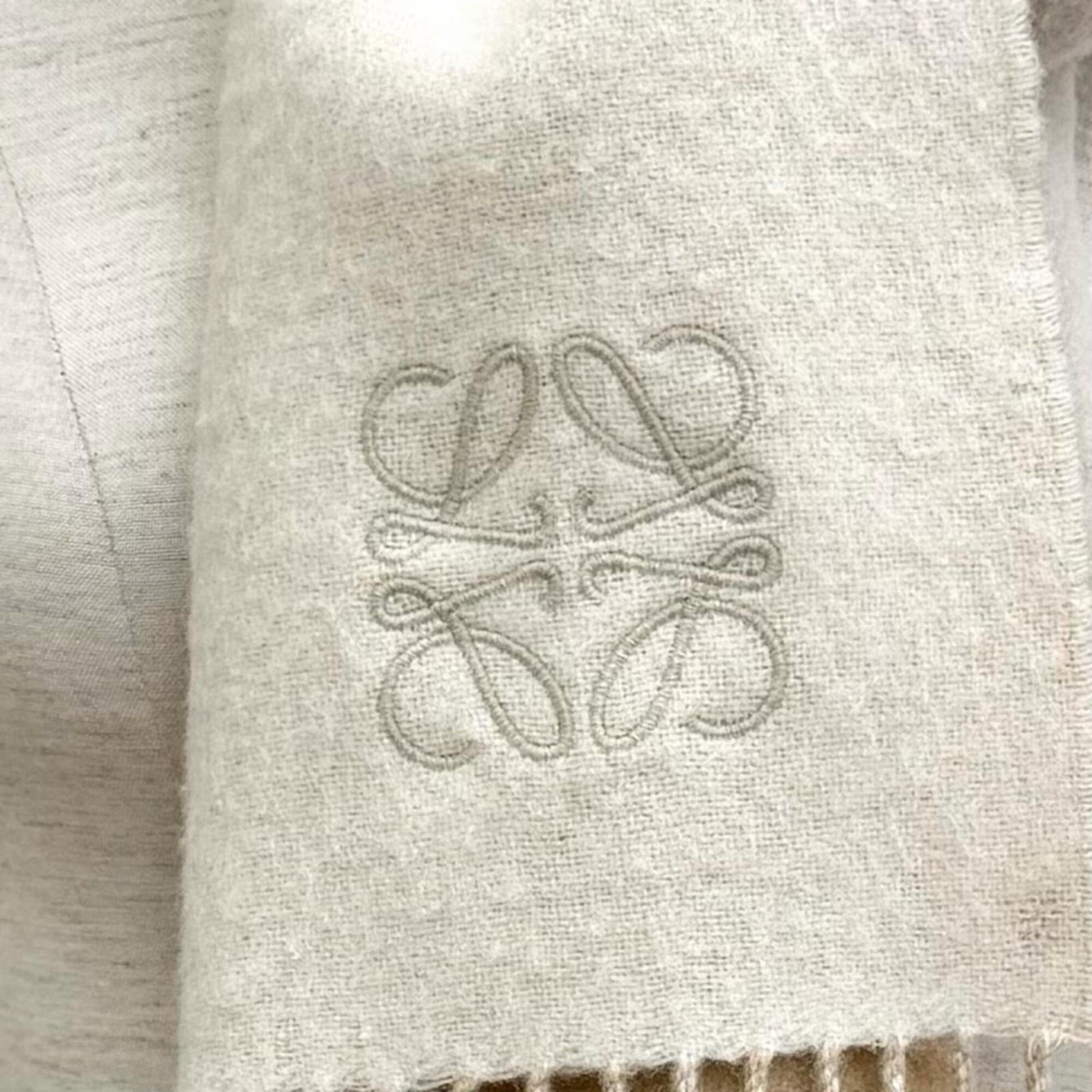 Loewe LOEWE F810250X01 Bicolor Scarf/Muffler, Wool/Cashmere Blend, Ivory/Sand, Current Model, Anagram Embroidery, Fringe Stole/Muffler, Made in England, Authentic, Women's Size ONE SIZE - 5 Thumbnail