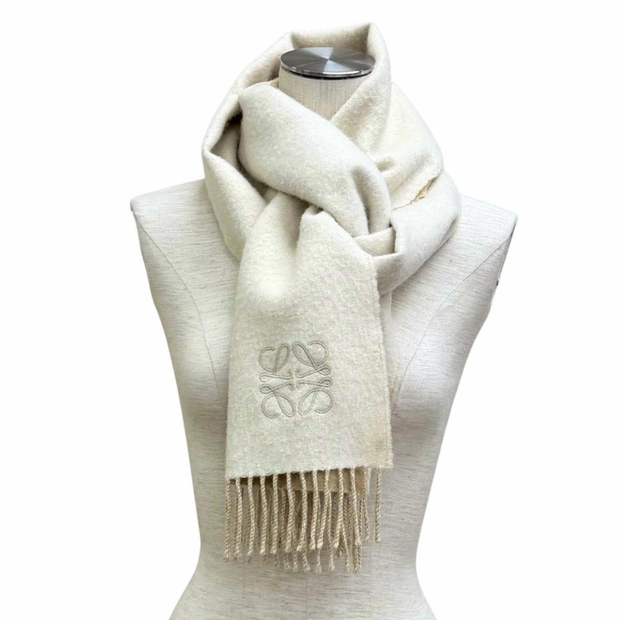 Loewe LOEWE F810250X01 Bicolor Scarf/Muffler, Wool/Cashmere Blend, Ivory/Sand, Current Model, Anagram Embroidery, Fringe Stole/Muffler, Made in England, Authentic, Women's Size ONE SIZE - 3 Thumbnail
