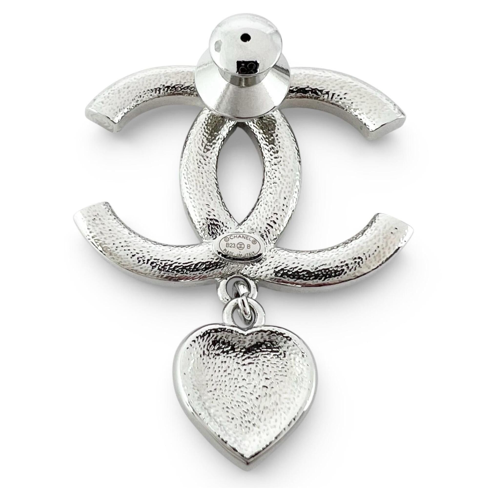 Chanel CHANEL B23 Coco Mark Heart Rhinestone Pin Badge Brooch, Silver, Made in Italy, Women's Size ONE SIZE - 2 Thumbnail
