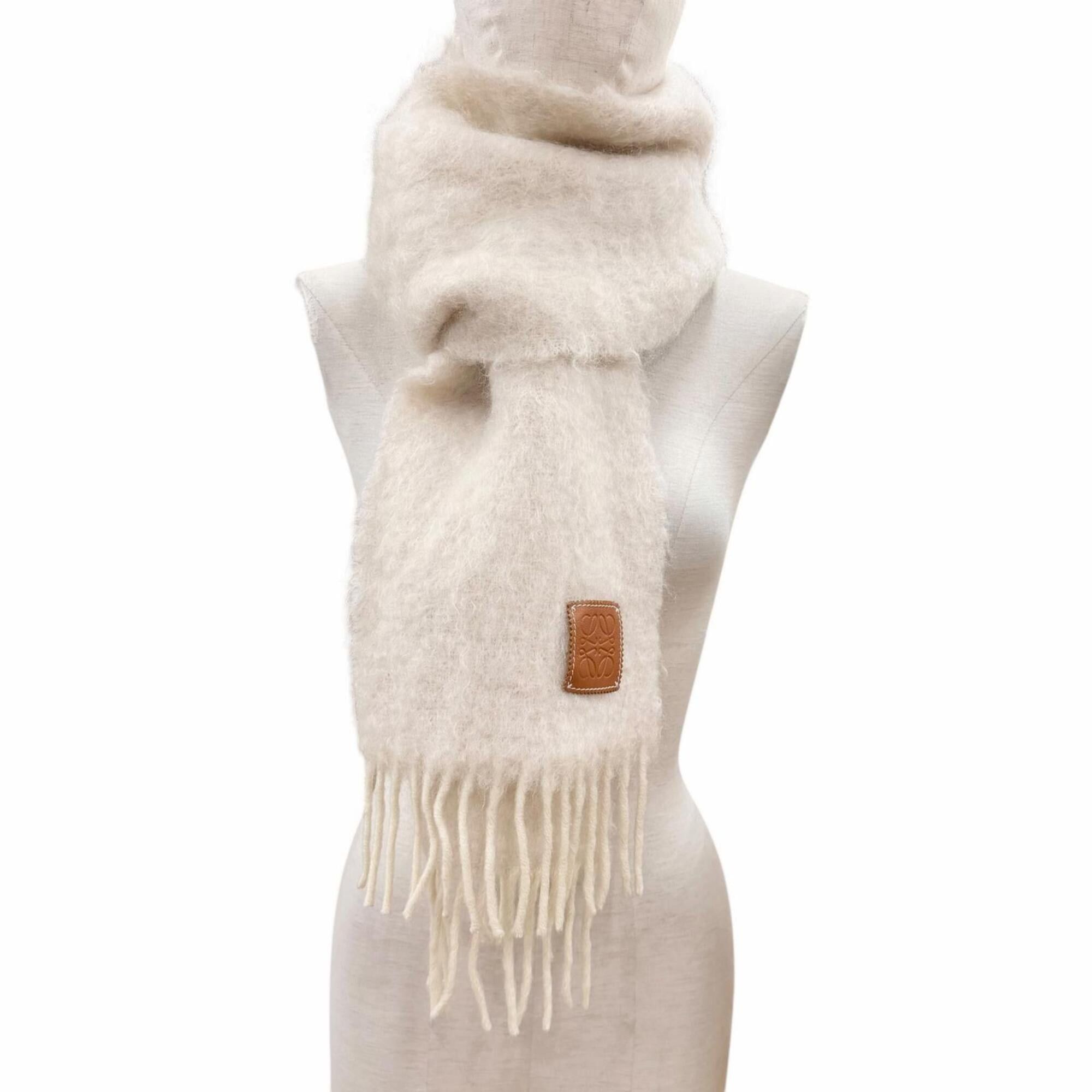 Loewe LOEWE Mohair Wool Blend Fringe Anagram Leather Patch Long Stole/Scarf, Ivory, Made in Spain, Authentic, Women's Size ONE SIZE - 4 Thumbnail