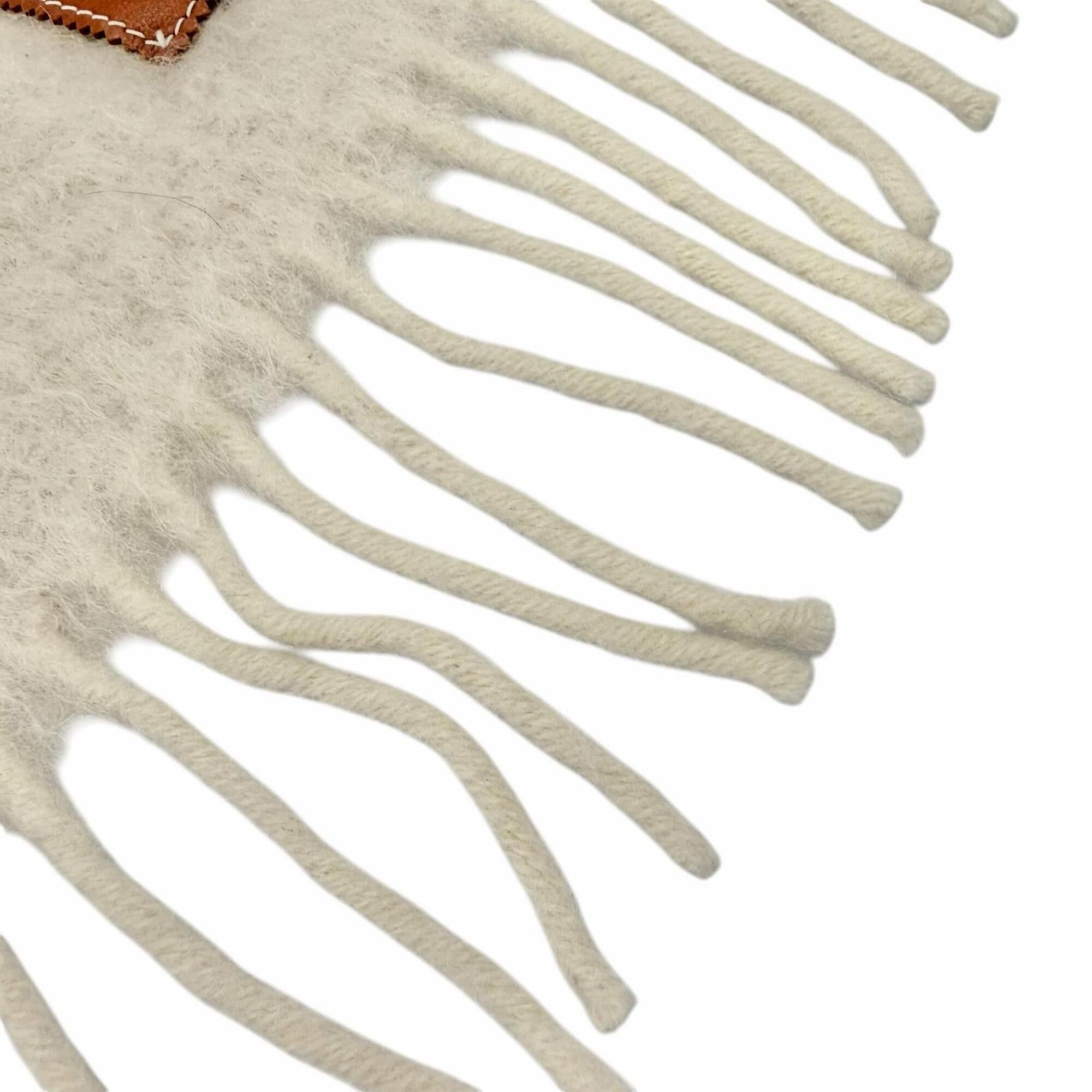 Loewe LOEWE Mohair Wool Blend Fringe Anagram Leather Patch Long Stole/Scarf, Ivory, Made in Spain, Authentic, Women's Size ONE SIZE - 3 Thumbnail