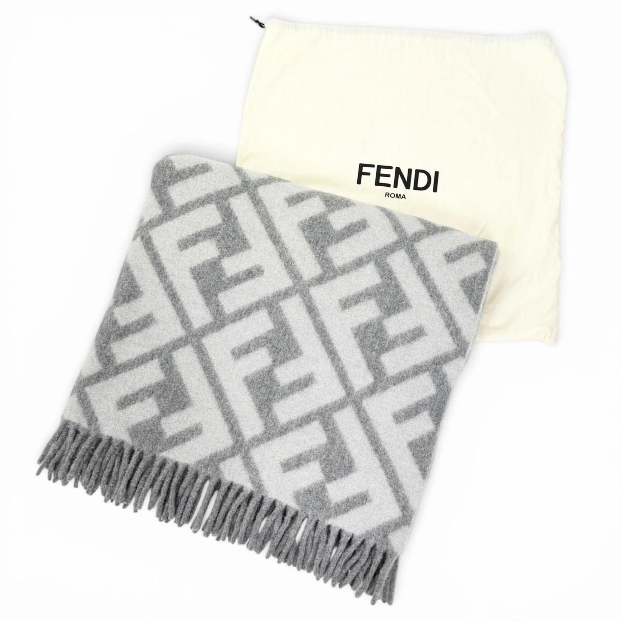 Fendi FENDI 7AC234 Alpaca Wool Blend FF Logo All-Over Print Fringe Blanket, Gray, 140 x 180cm, Made in Italy, Authentic, Women's. Size ONE SIZE - 2 Thumbnail