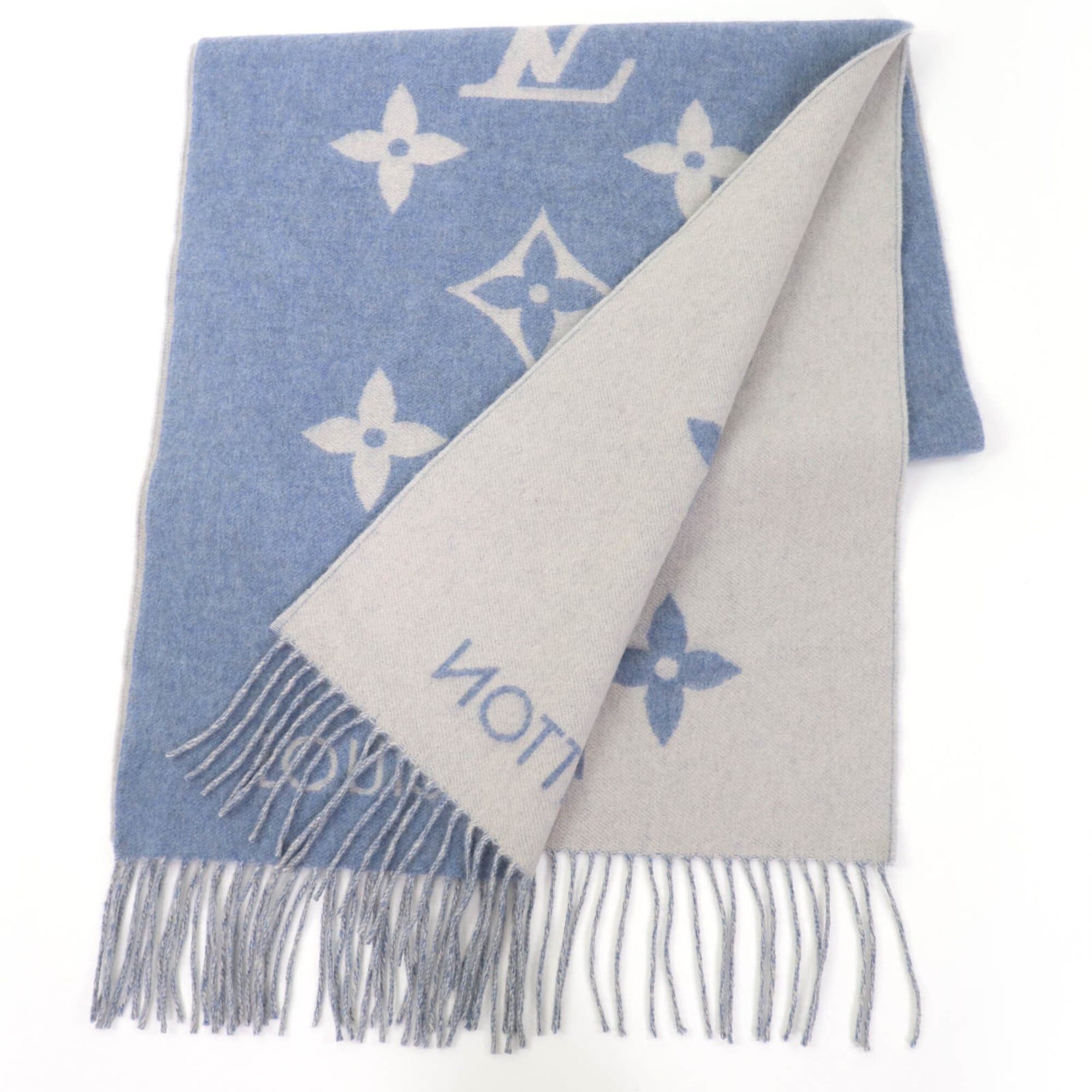 Louis Vuitton LOUIS VUITTON M75704 Echarpe Reykjavik 100% Cashmere Monogram Stole Scarf Light Blue Made in England Authentic Women's Size ONE SIZE - 2 Thumbnail