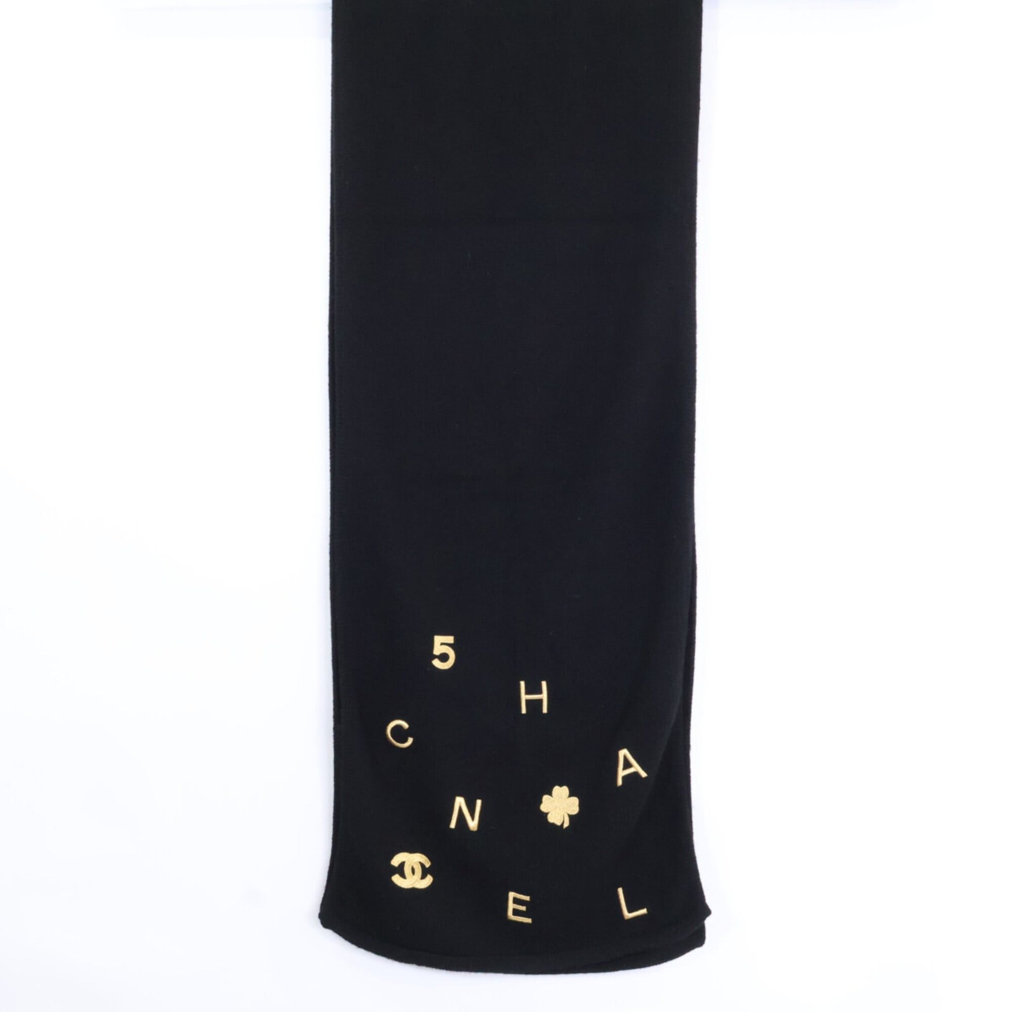 Chanel CHANEL Clover Coco Mark Embroidered Cashmere Scarf, Black, Women's Size ONE SIZE - 2 Thumbnail