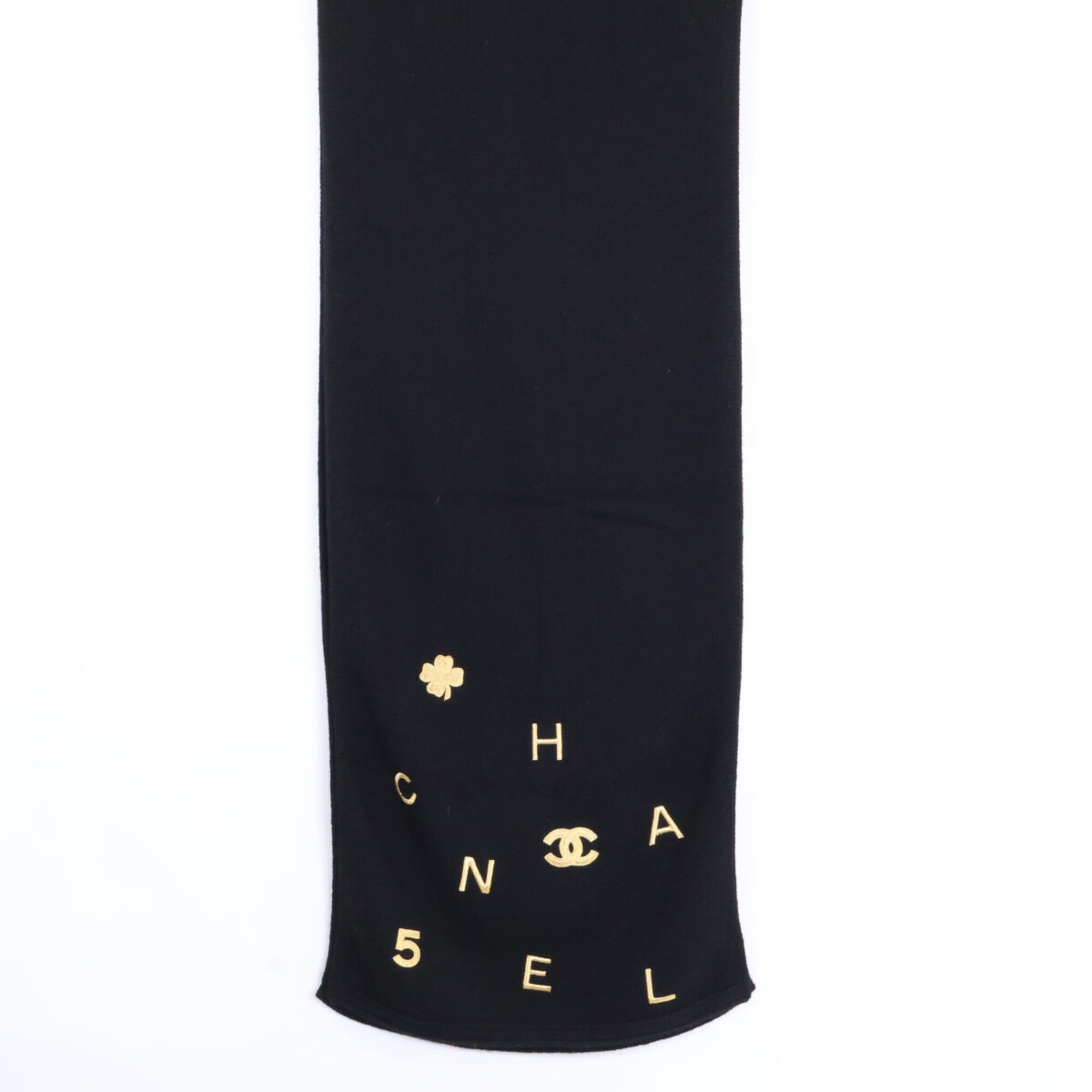 Chanel CHANEL Clover Coco Mark Embroidered Cashmere Scarf, Black, Women's Size ONE SIZE - 3 Thumbnail