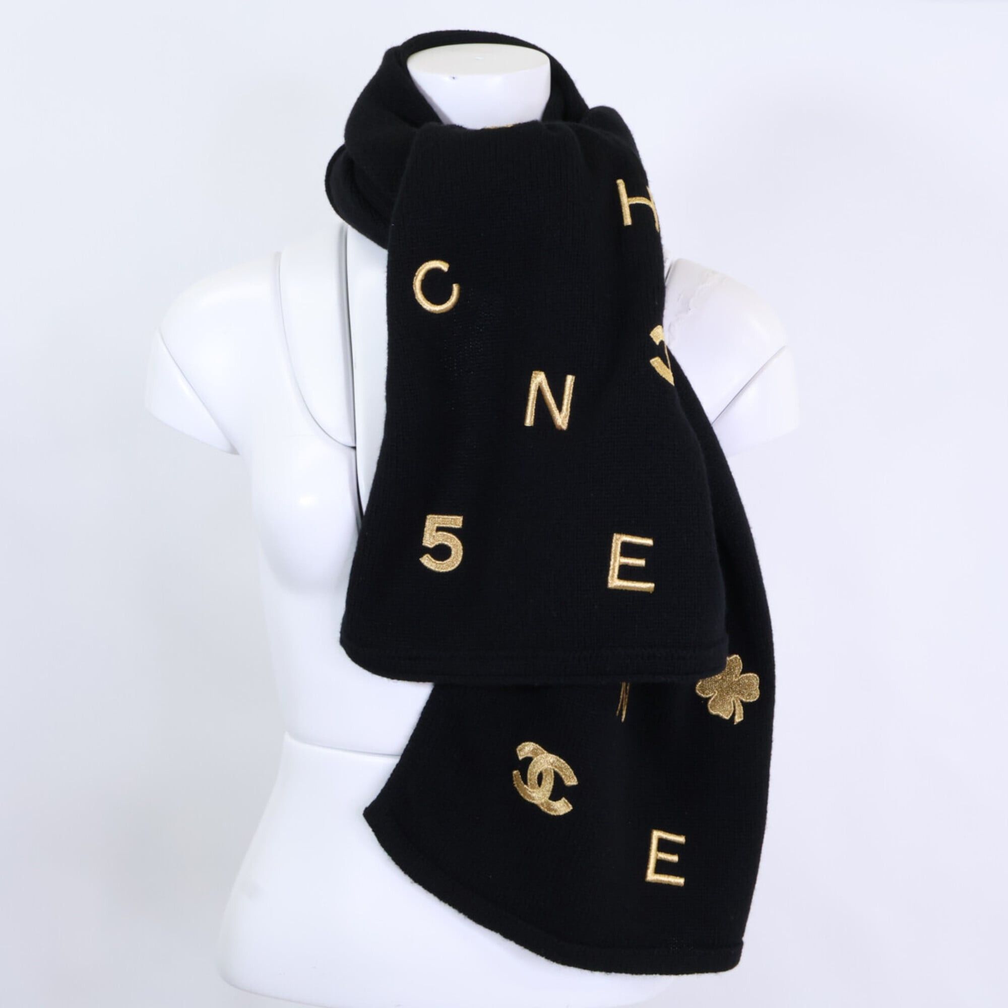 Chanel CHANEL Clover Coco Mark Embroidered Cashmere Scarf, Black, Women's Size ONE SIZE - 7 Thumbnail