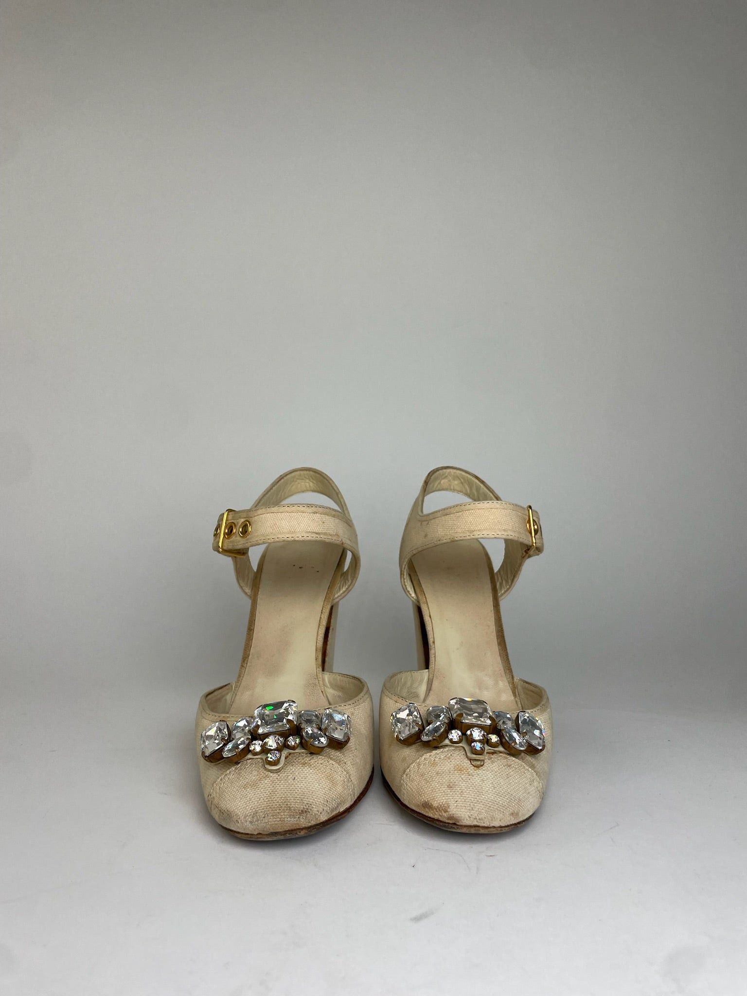 Miu Miu Leather Rhinestone Embellished Heels Beige Size US 5.5 / IT 35.5 - 6 Thumbnail