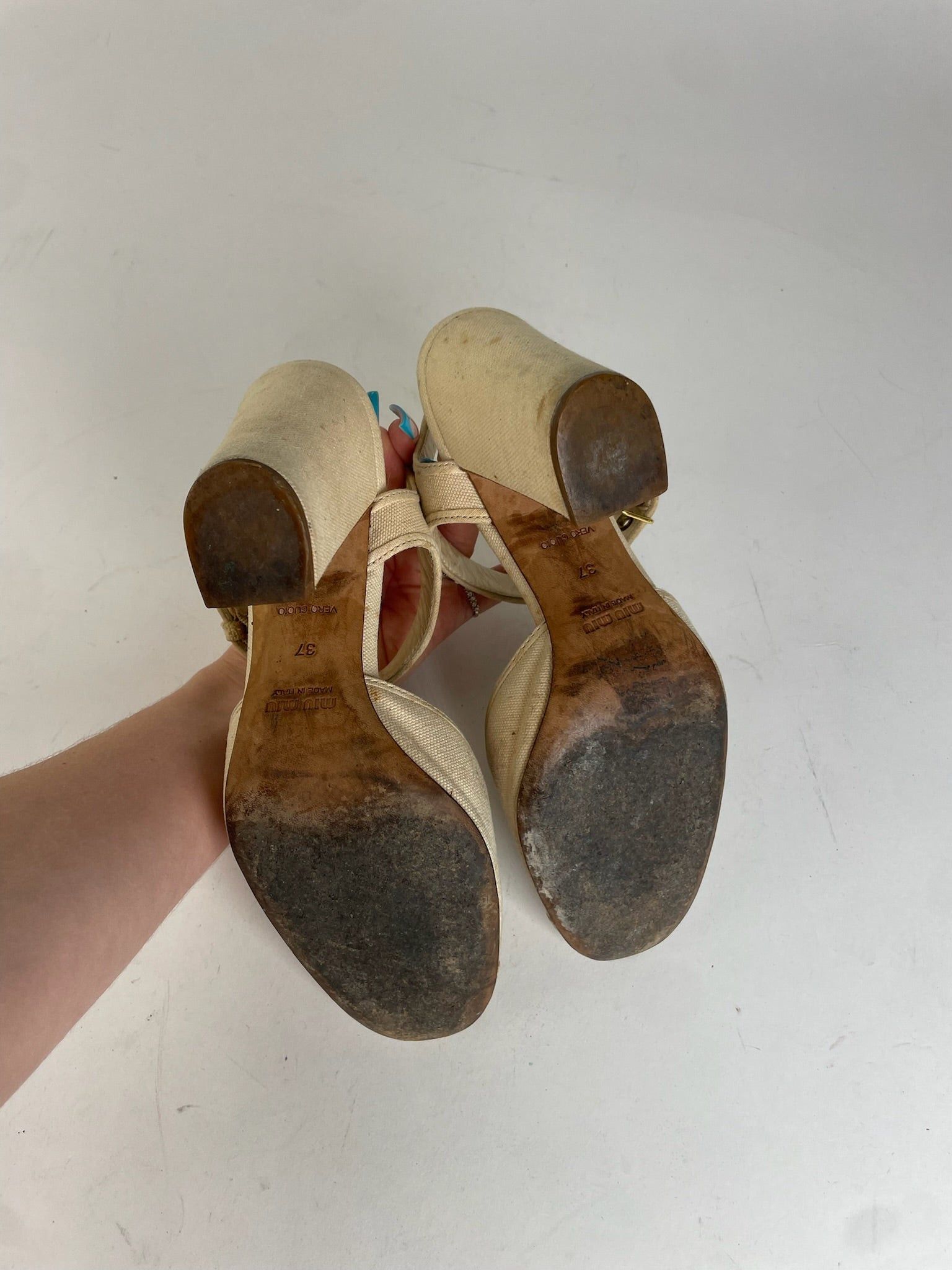Miu Miu Leather Rhinestone Embellished Heels Beige Size US 5.5 / IT 35.5 - 3 Thumbnail