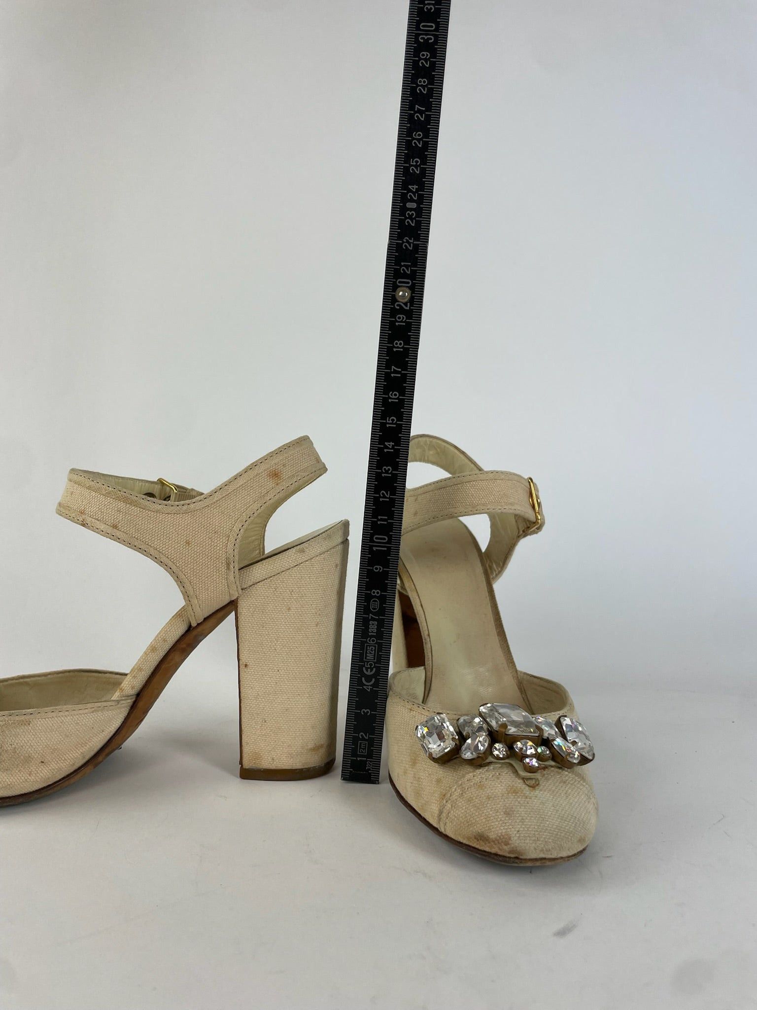Miu Miu Leather Rhinestone Embellished Heels Beige Size US 5.5 / IT 35.5 - 7 Thumbnail