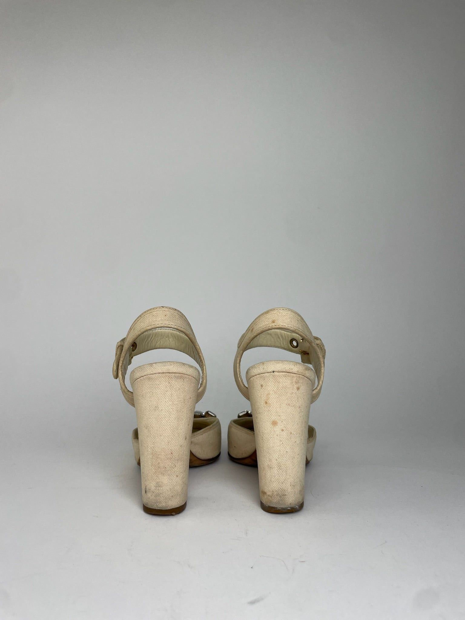 Miu Miu Leather Rhinestone Embellished Heels Beige Size US 5.5 / IT 35.5 - 8 Thumbnail