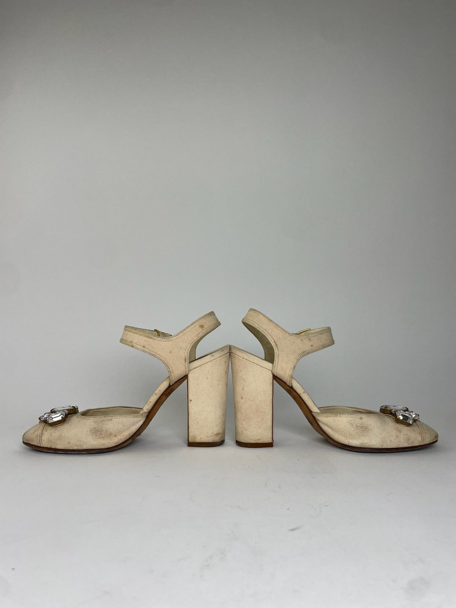 Miu Miu Leather Rhinestone Embellished Heels Beige Size US 5.5 / IT 35.5 - 2 Thumbnail