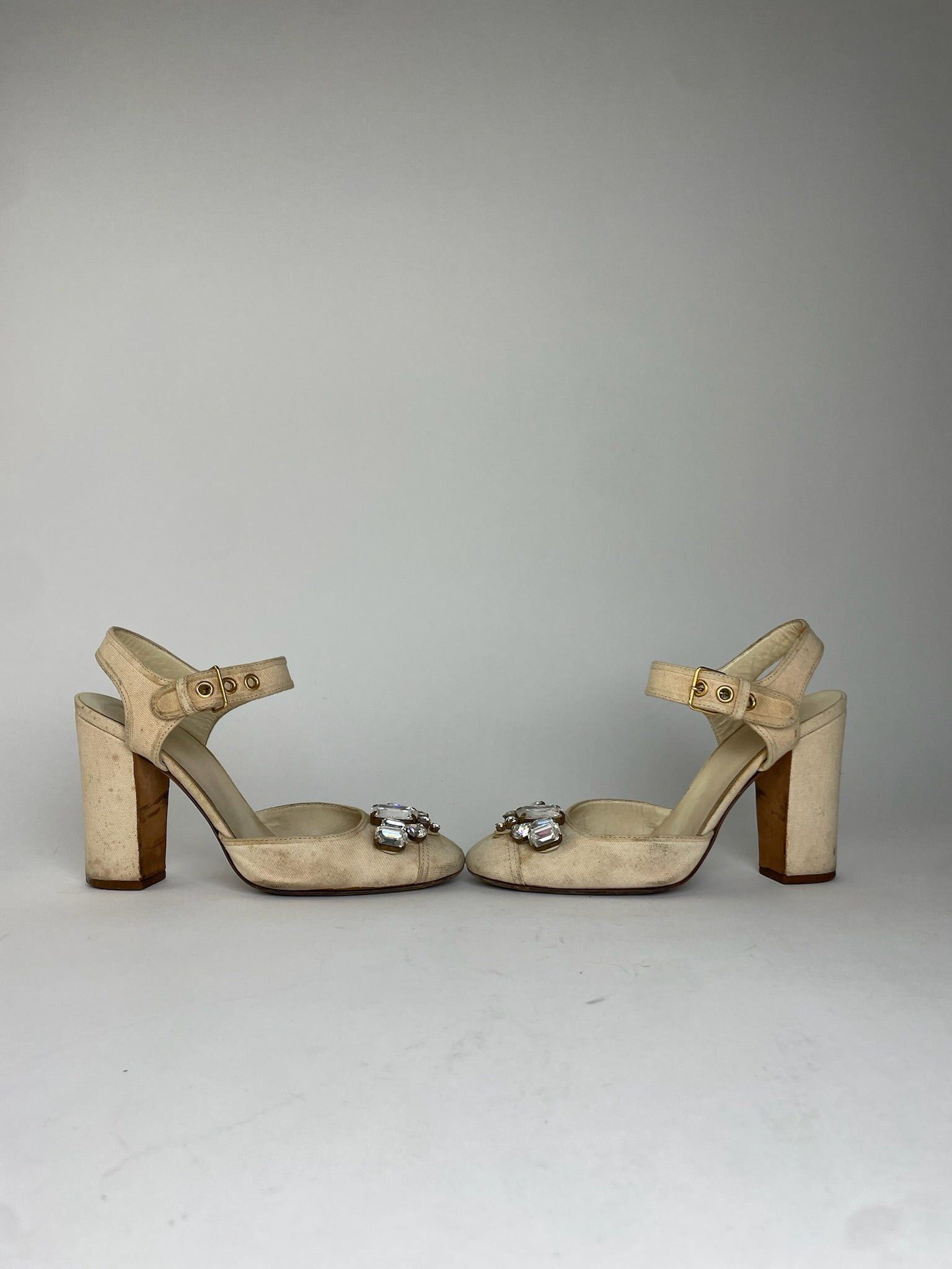 Miu Miu Leather Rhinestone Embellished Heels Beige Size US 5.5 / IT 35.5 - 4 Thumbnail