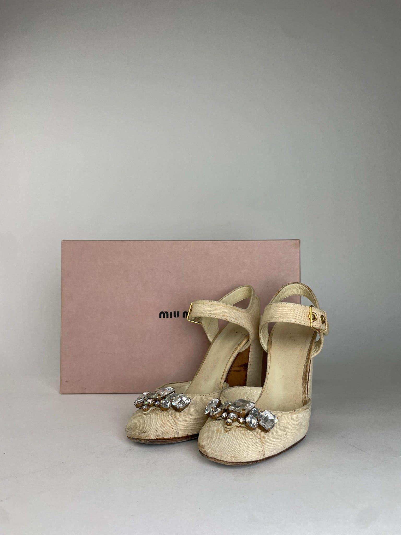 Miu Miu Leather Rhinestone Embellished Heels Beige Size US 5.5 / IT 35.5 - 5 Thumbnail