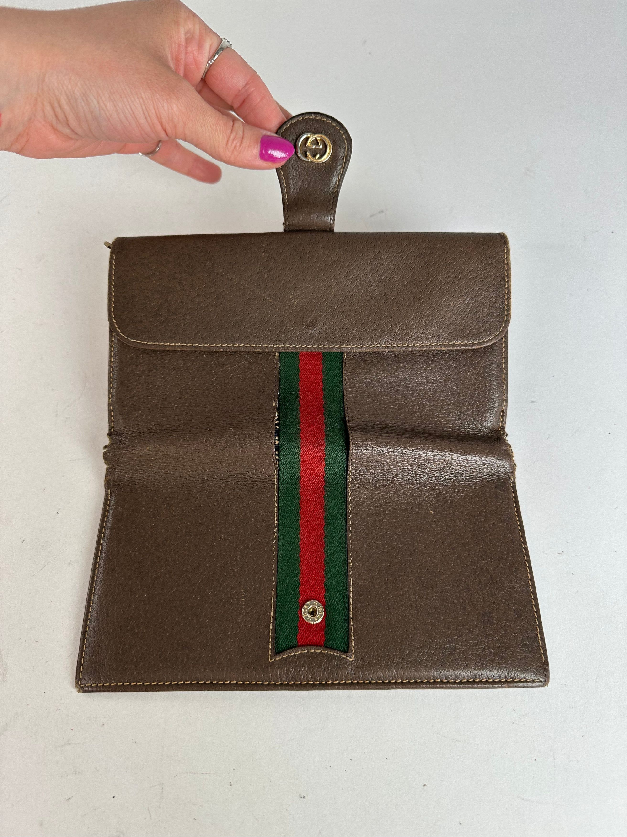 Gucci Vintage Web Stripe Leather Long Wallet Brown Size ONE SIZE - 6 Thumbnail
