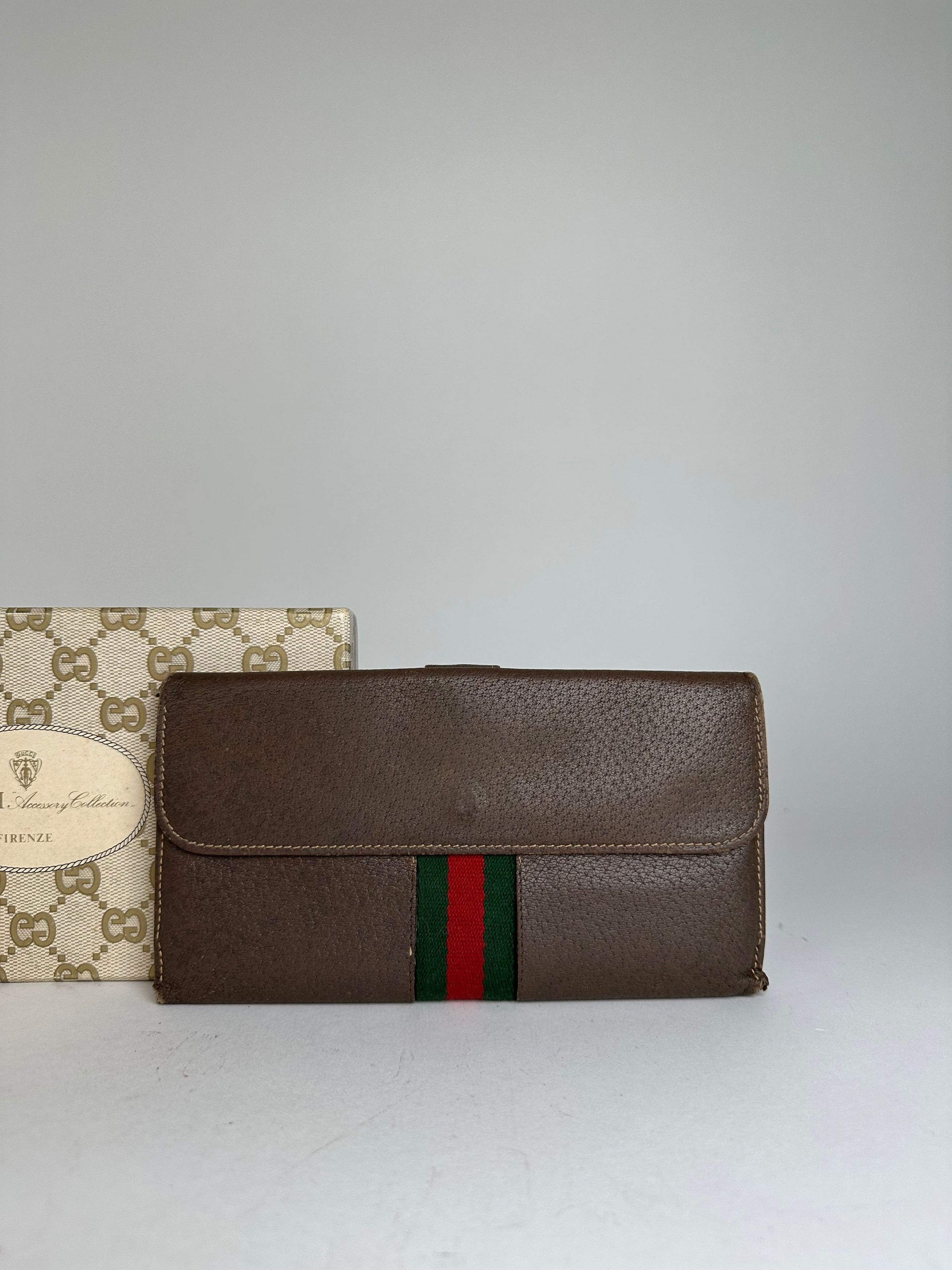 Gucci Vintage Web Stripe Leather Long Wallet Brown Size ONE SIZE - 11 Thumbnail