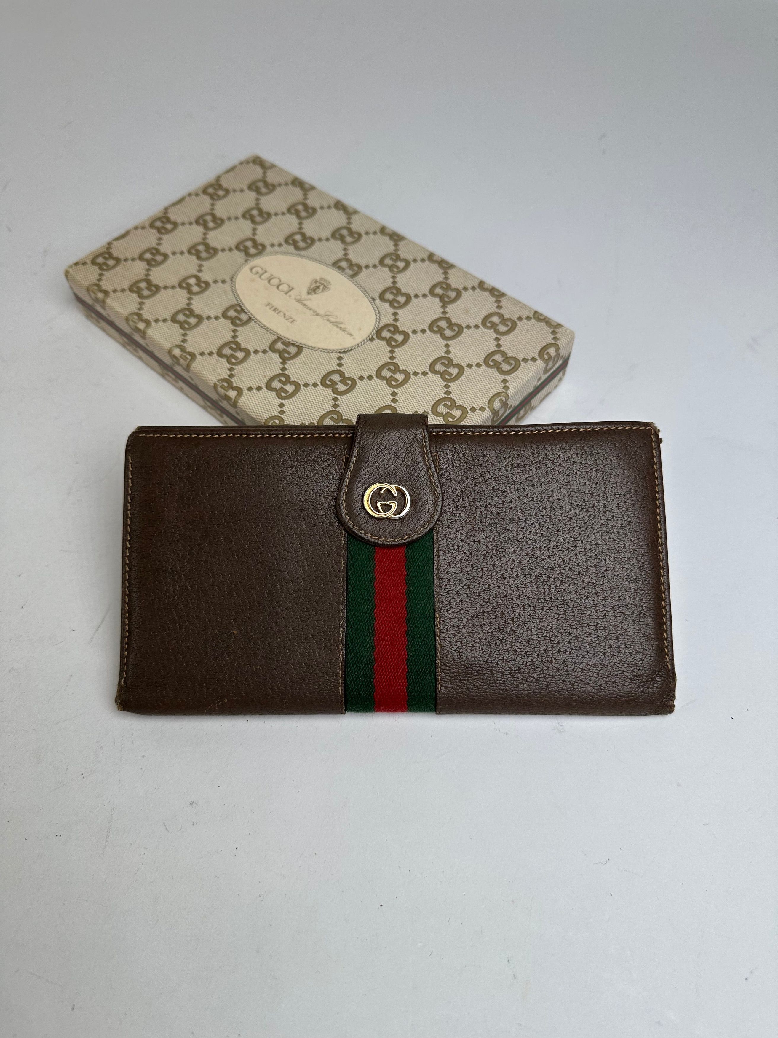 Gucci Vintage Web Stripe Leather Long Wallet Brown Size ONE SIZE - 3 Thumbnail
