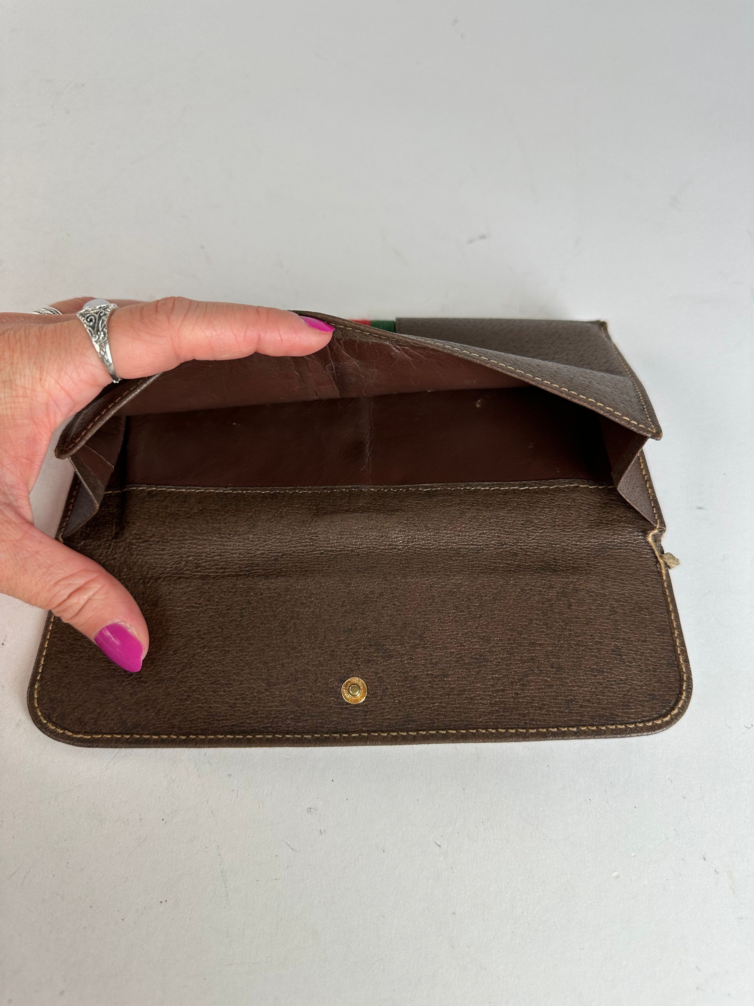 Gucci Vintage Web Stripe Leather Long Wallet Brown Size ONE SIZE - 7 Thumbnail