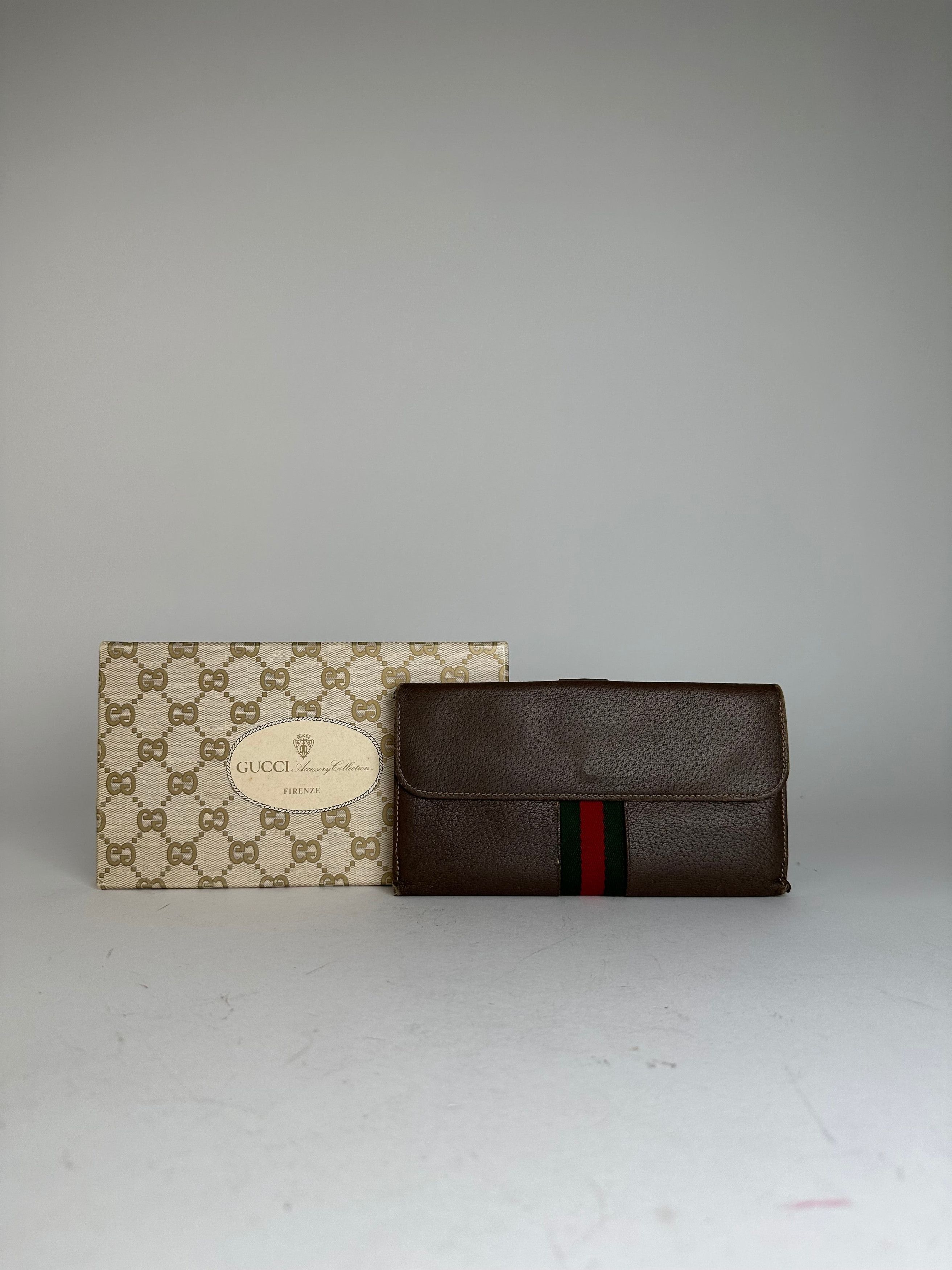 Gucci Vintage Web Stripe Leather Long Wallet Brown Size ONE SIZE - 2 Thumbnail